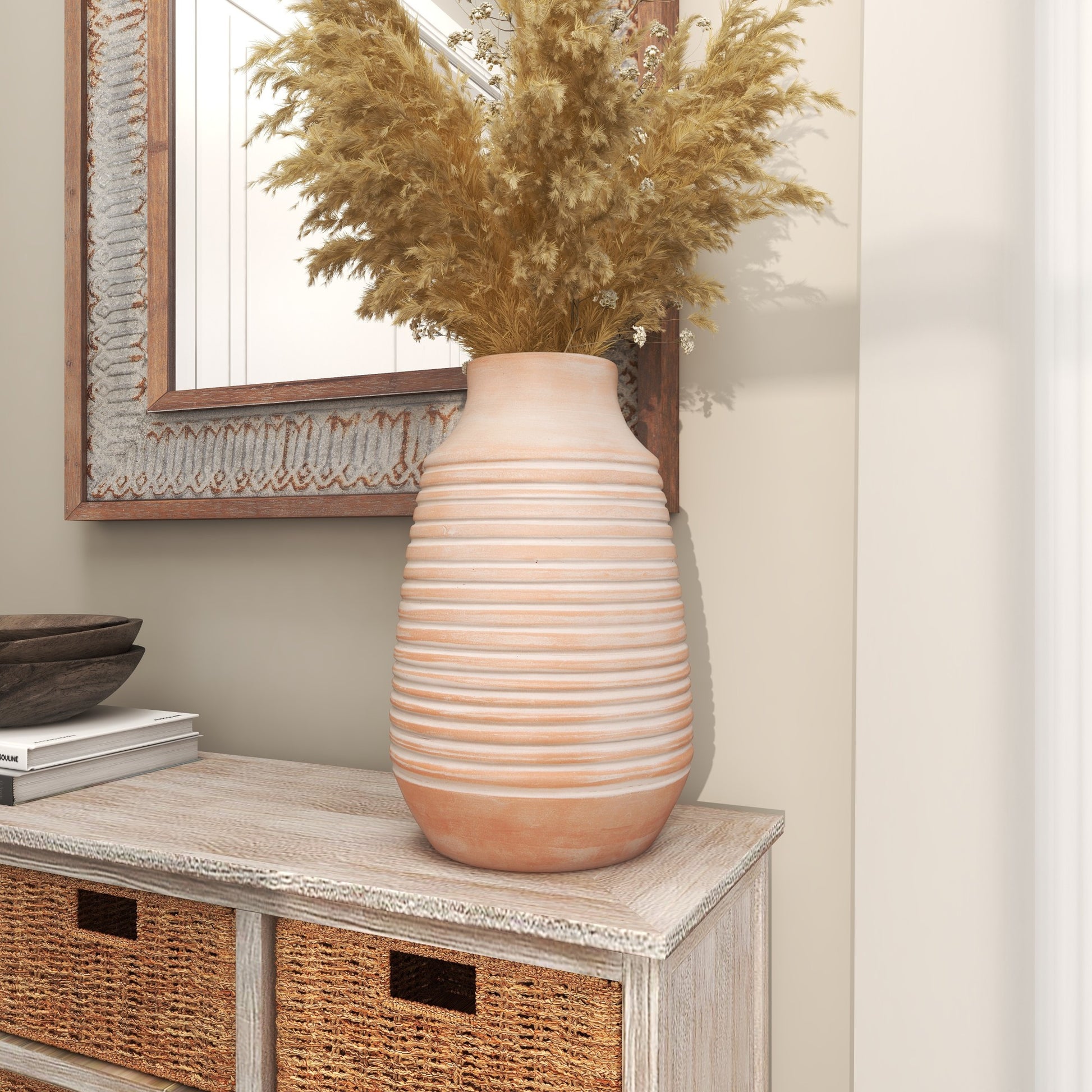 Pink Ceramic Whitewashed Ribbed Decorative Vase