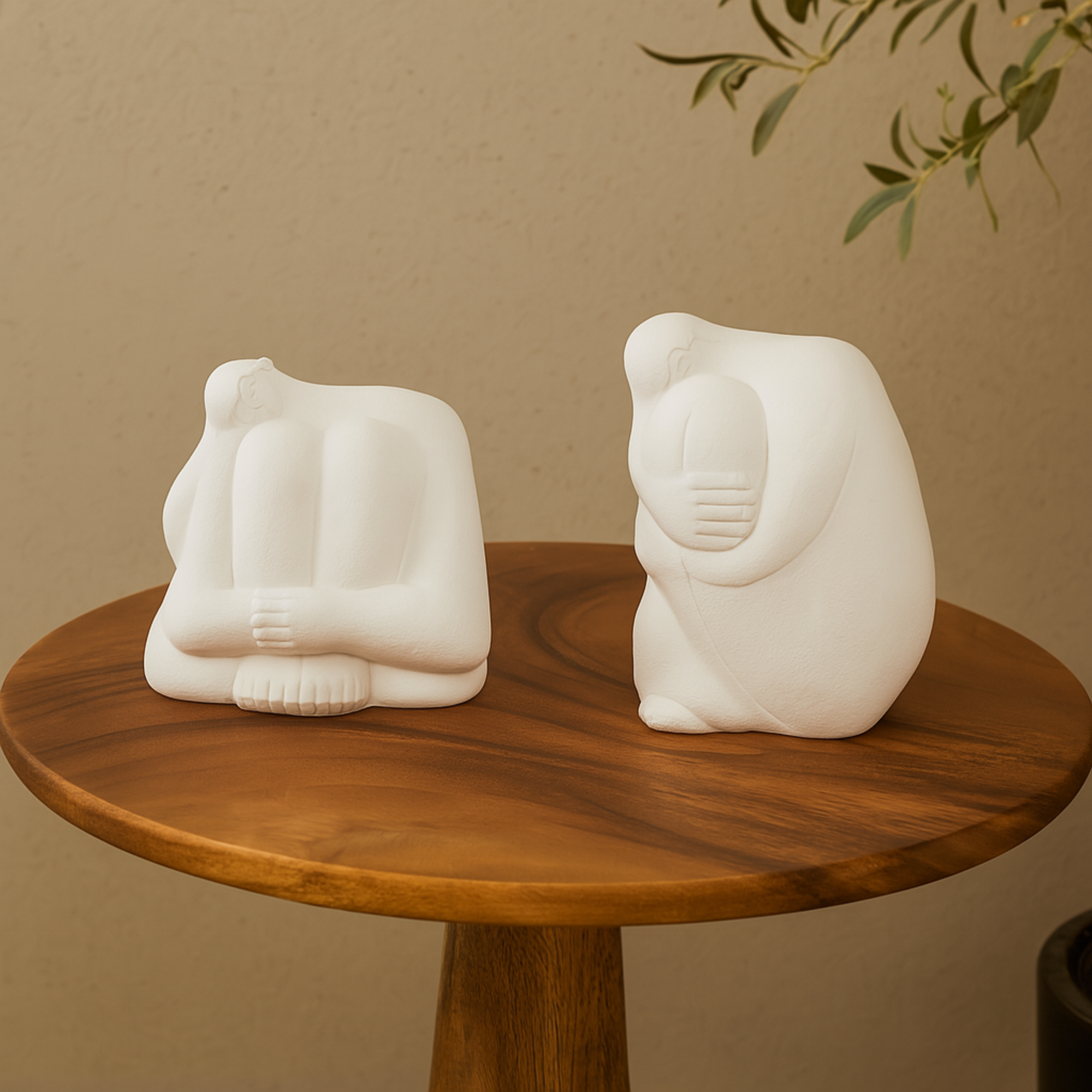Set of 2 People White Resin Abstract Decorative Sculpture with Tucked Sitting Position