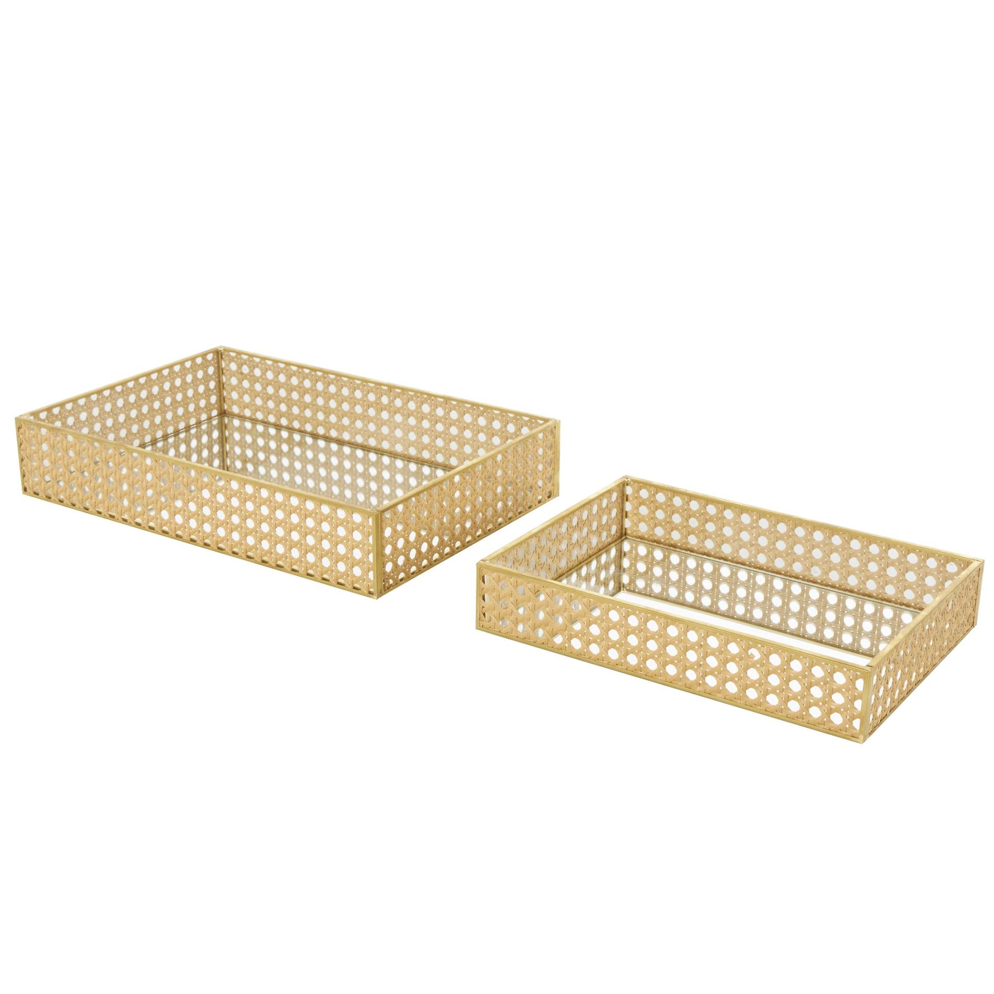 Set of 2 Brown Rattan Woven Living Room Decor Tray with Mirrored Glass Interior