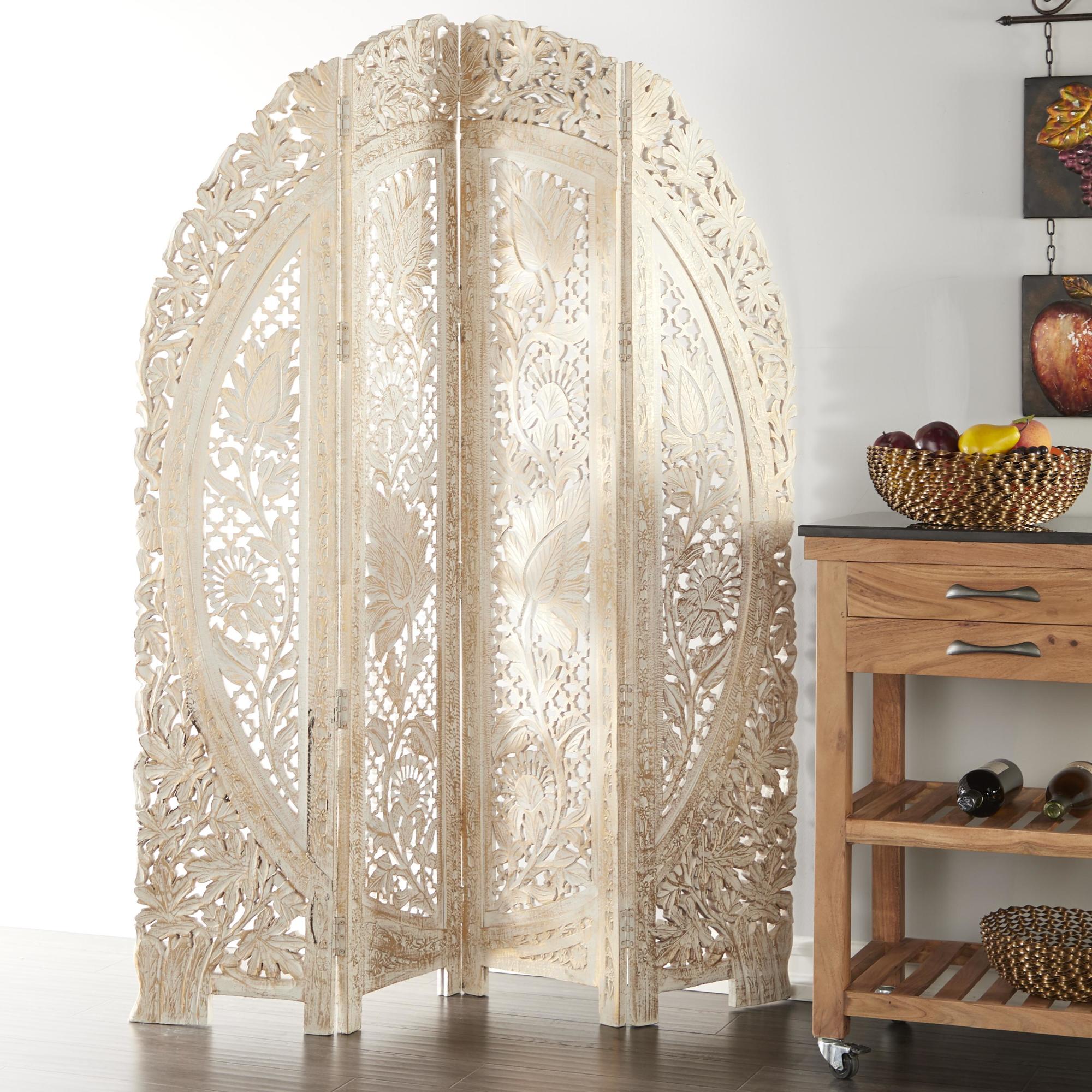 Floral White Wood Handmade Foldable Partition 4 Panel Partition Room Divider Screen with Carved Designs