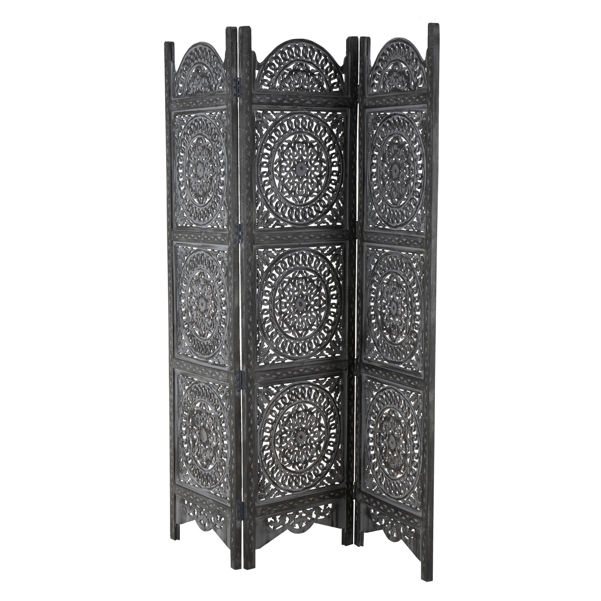 Floral Black Wood Handmade Foldable Partition 3 Panel Partition Room Divider Screen with Carved Designs