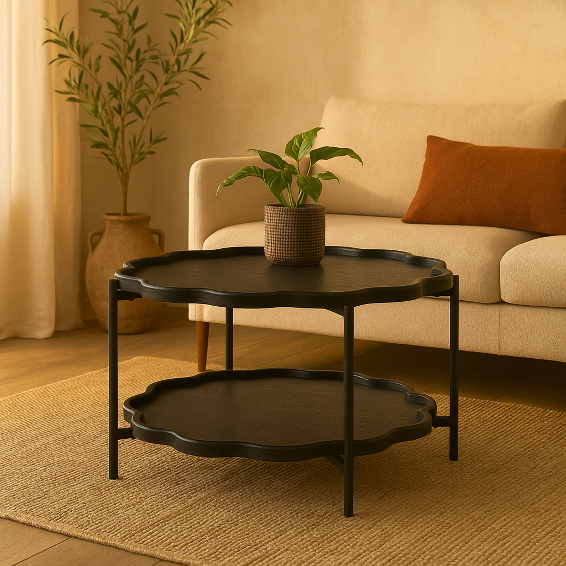 Black Wood Floral Inspired 2 Level Accent Table with Metal Legs