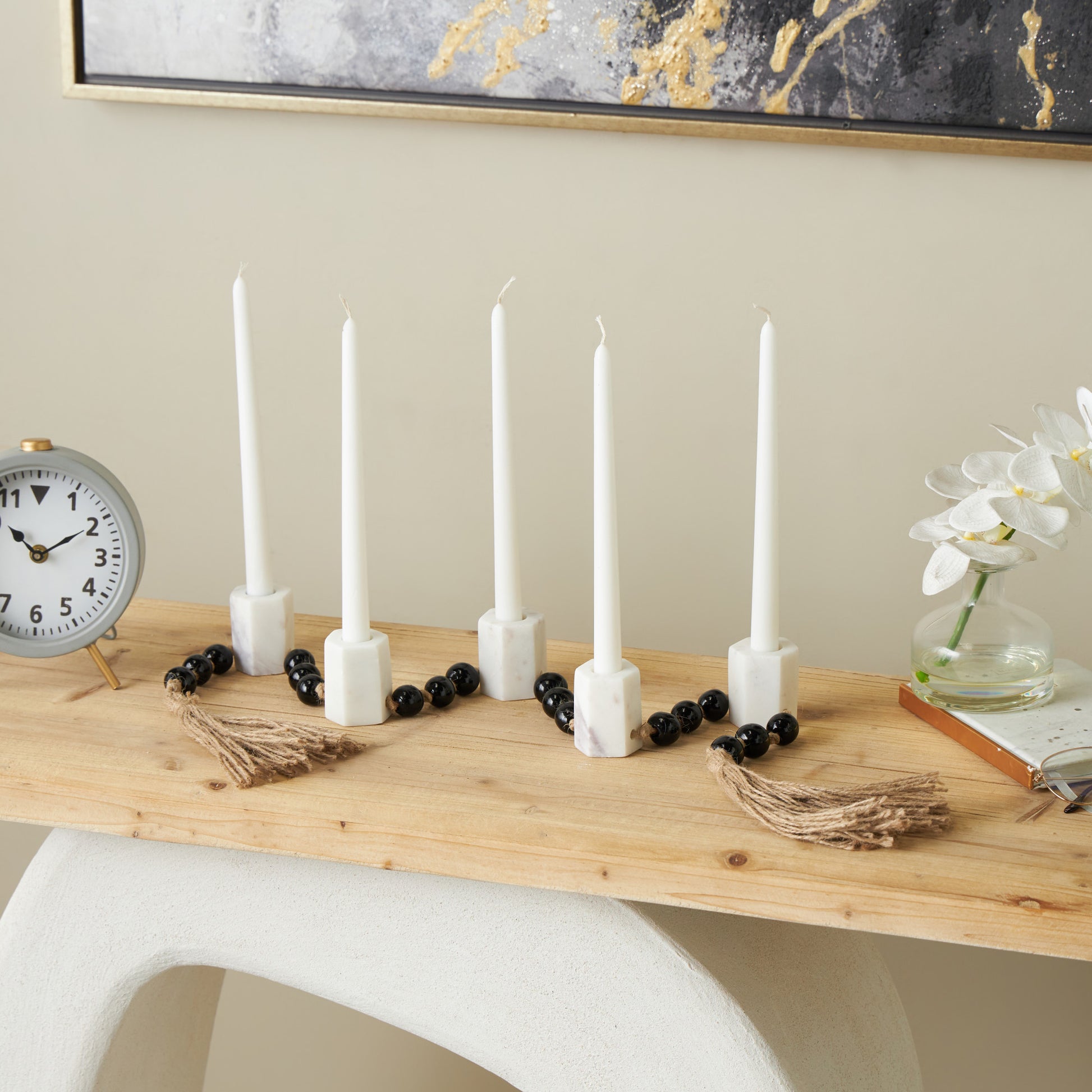 Mango Wood Garland Decorative Candle Holder with Brown Tassel