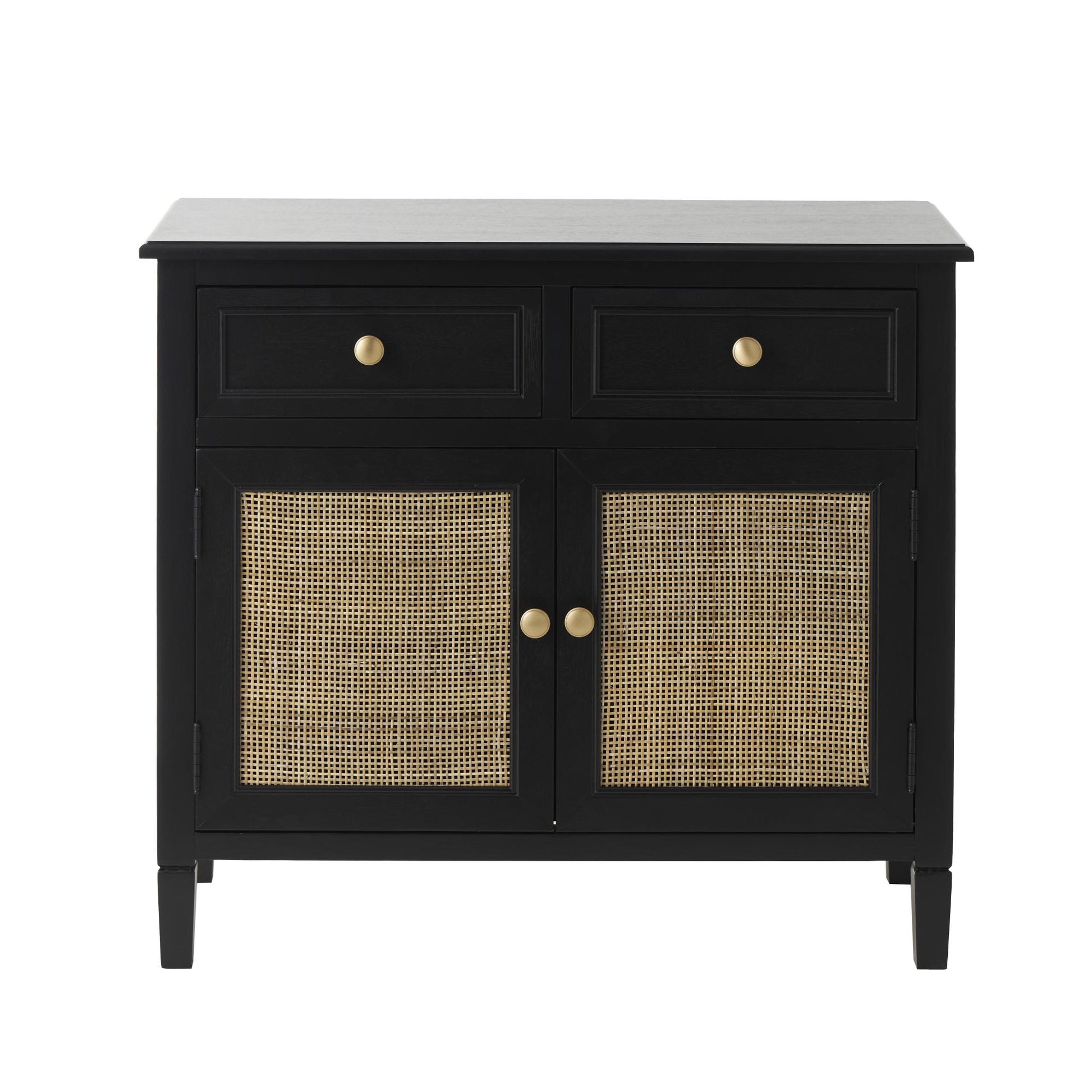 Black Wood Handmade 2 Door and 2 Drawer Room Cabinet with Rattan Front