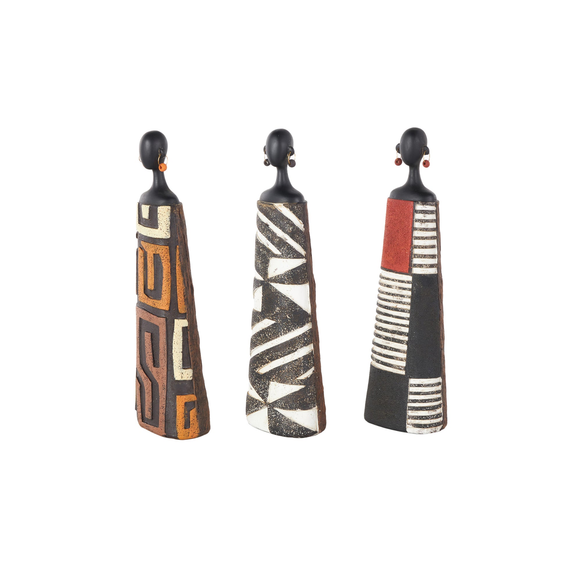 Set of 3 Woman Black Resin African Decorative Sculpture with Red, Orange, and White Dresswear