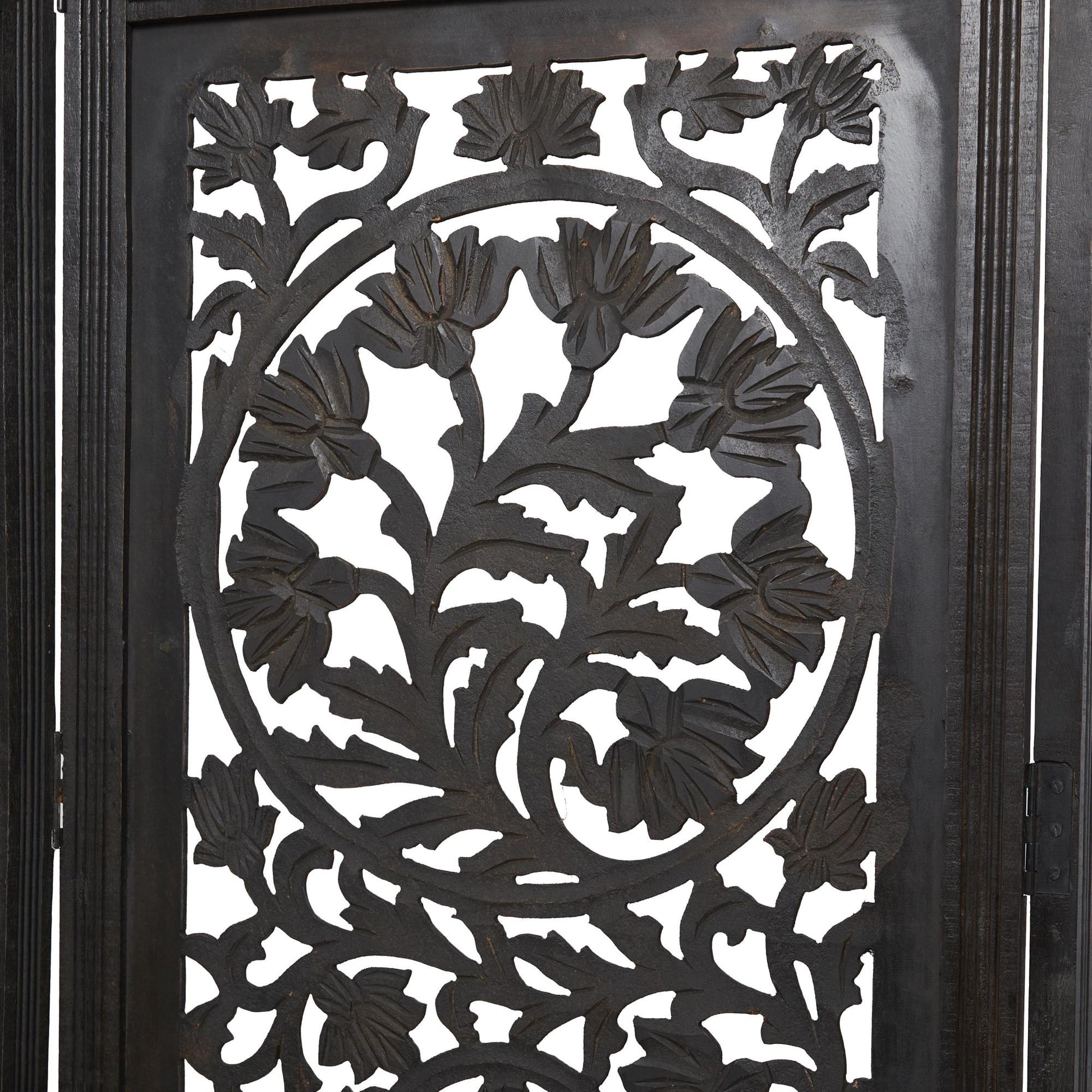 Floral Black Wood Handmade Foldable Partition Carved 4 Panel Partition Room Divider Screen