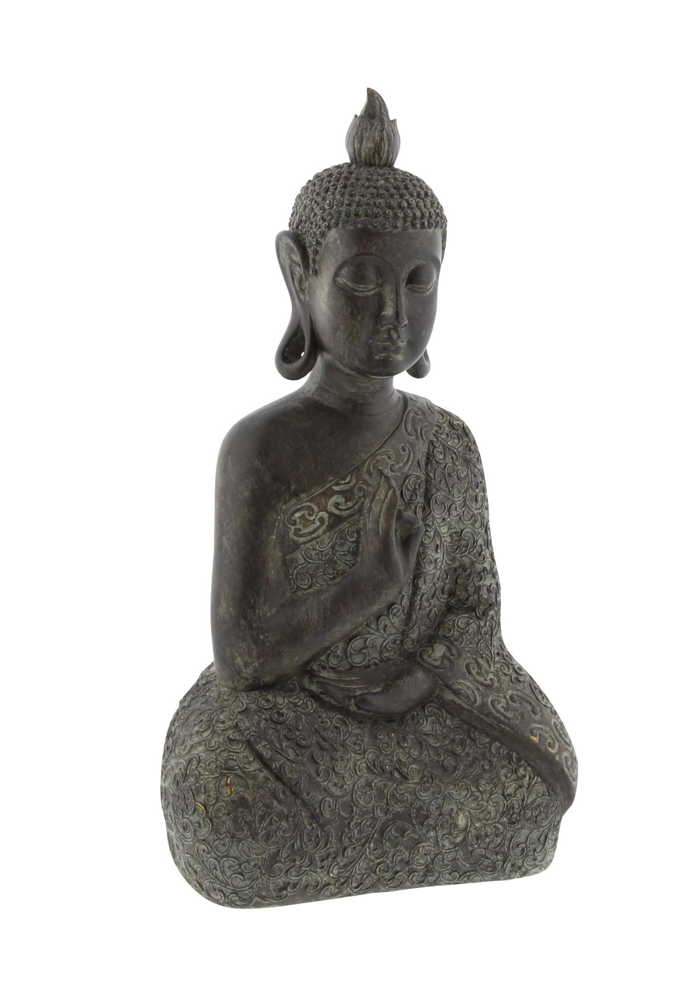 Buddha Brown Polystone Meditating Decorative Sculpture with Engraved Carvings and Relief Detailing