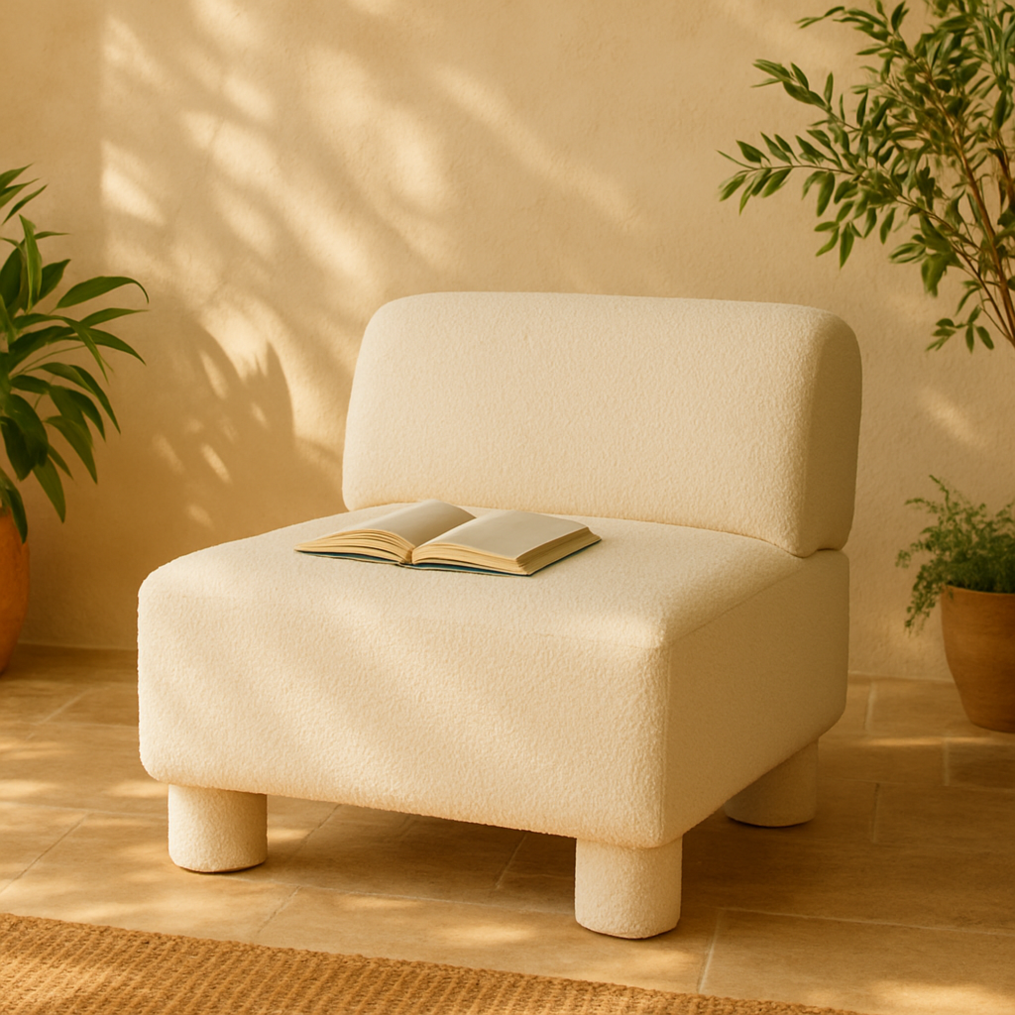 White Polyester Square Boucle Living Room Accent Chair