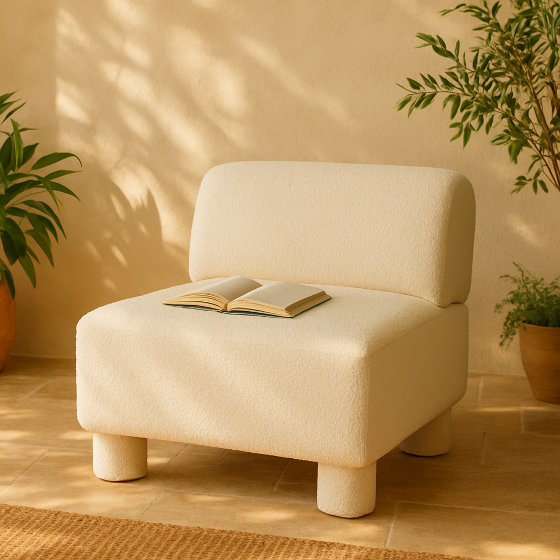 White Polyester Square Boucle Living Room Accent Chair