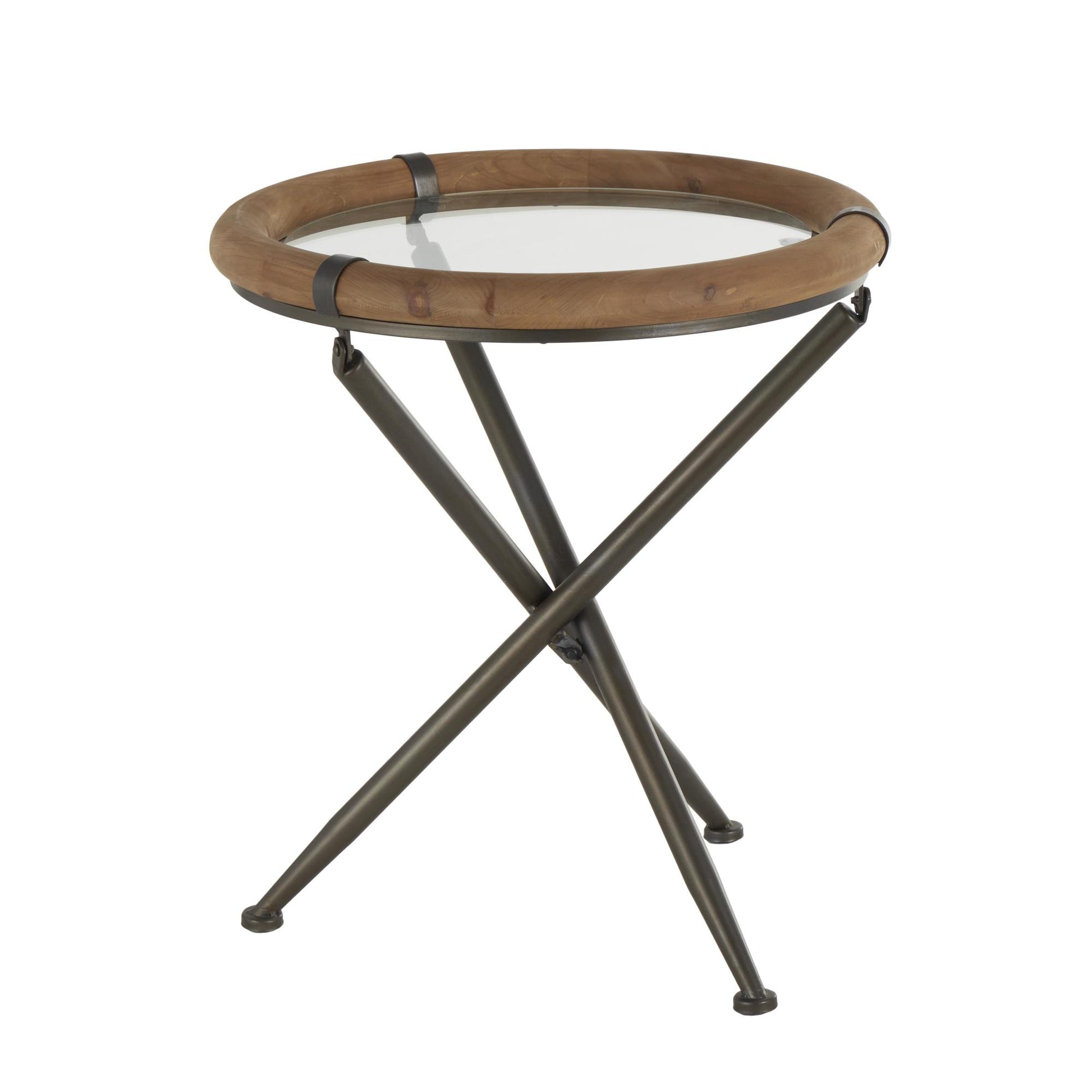 Brass Metal Round Side End Accent Table with Brown Wooden Framed Glass Tabletop