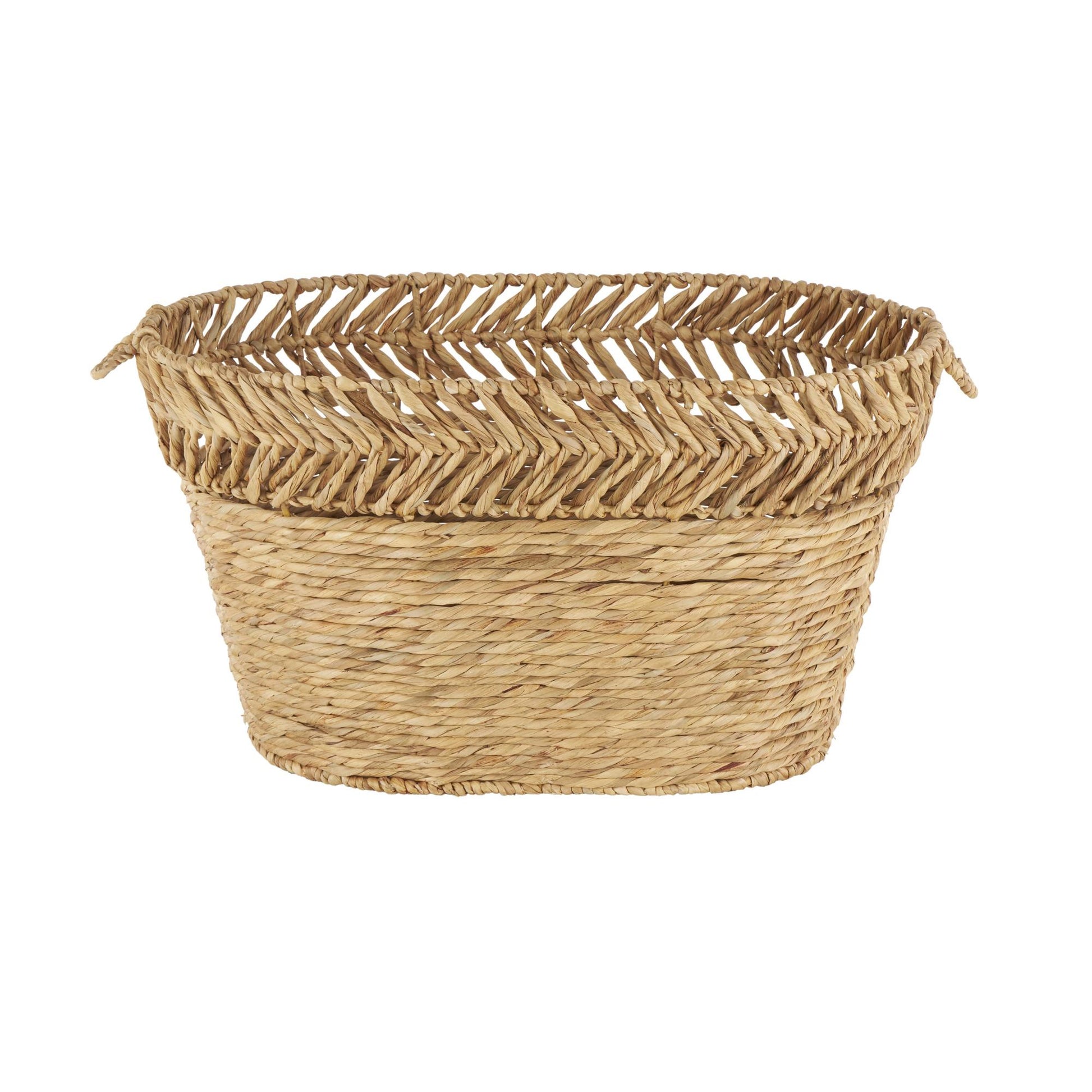 Brown Seagrass Handmade Large Woven Oval Decorative and Functional Storage Basket with Zig Zag Patterned Rim