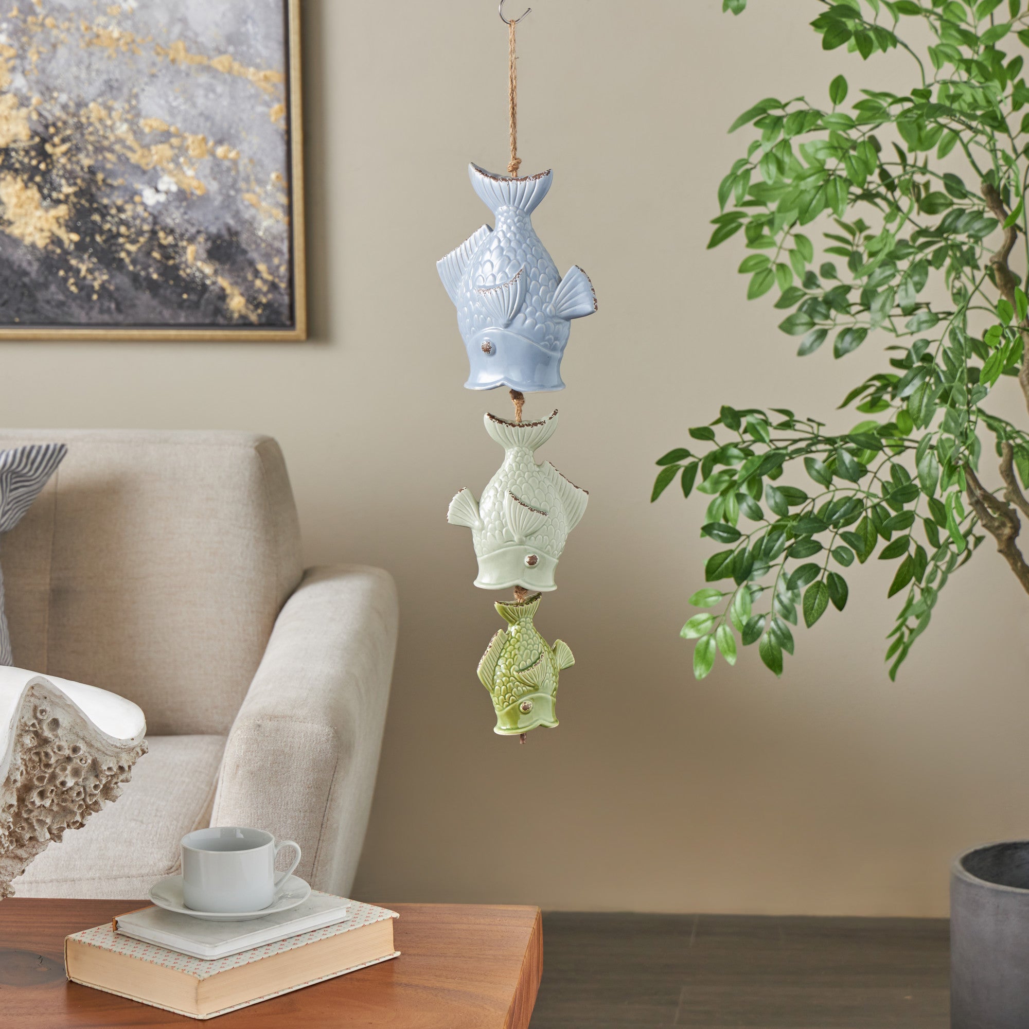 Fish Multi Colored Ceramic Indoor Outdoor Windchime with Brown Rope