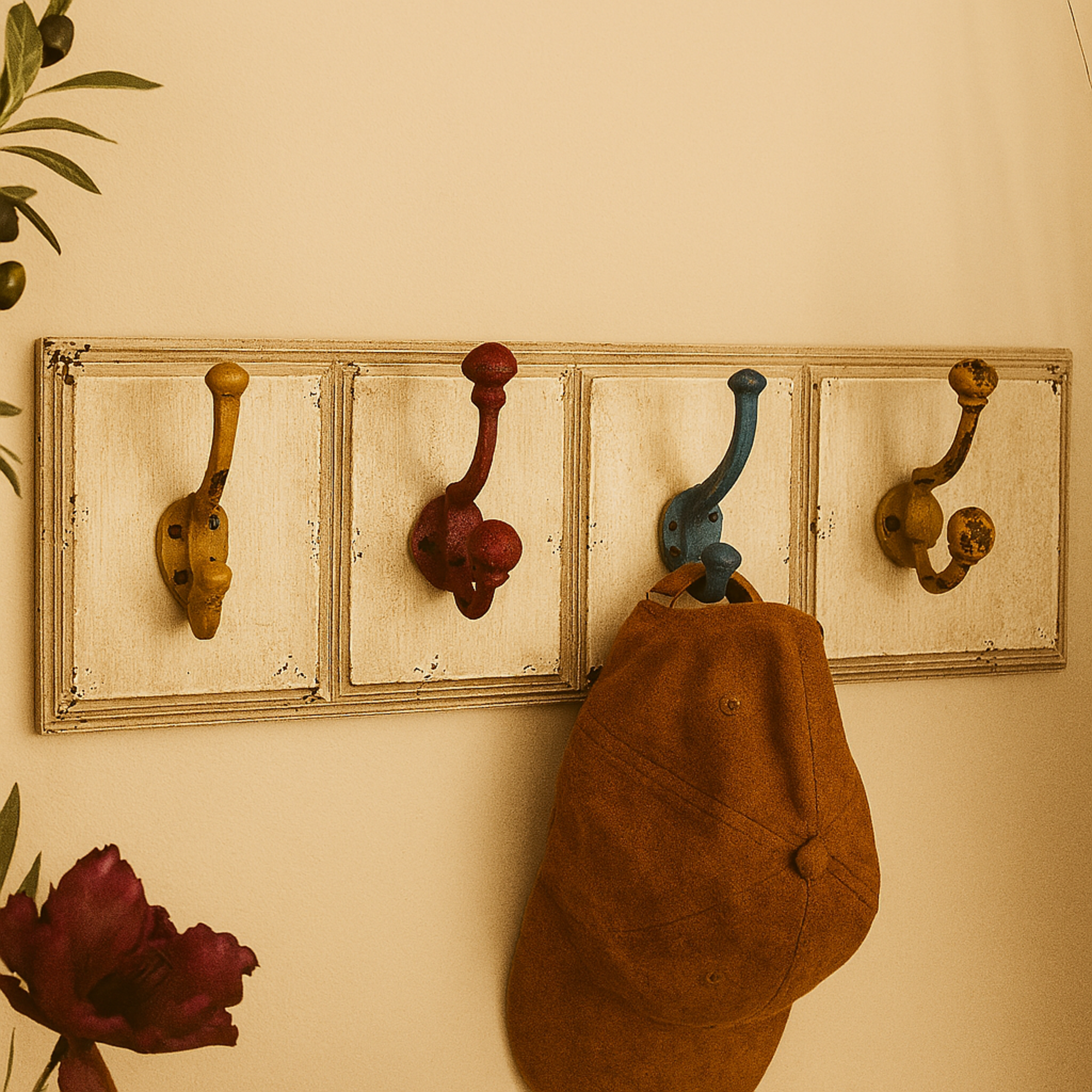 White Wooden 5 Hangers Home Wall Hook with Multi Colored Hooks