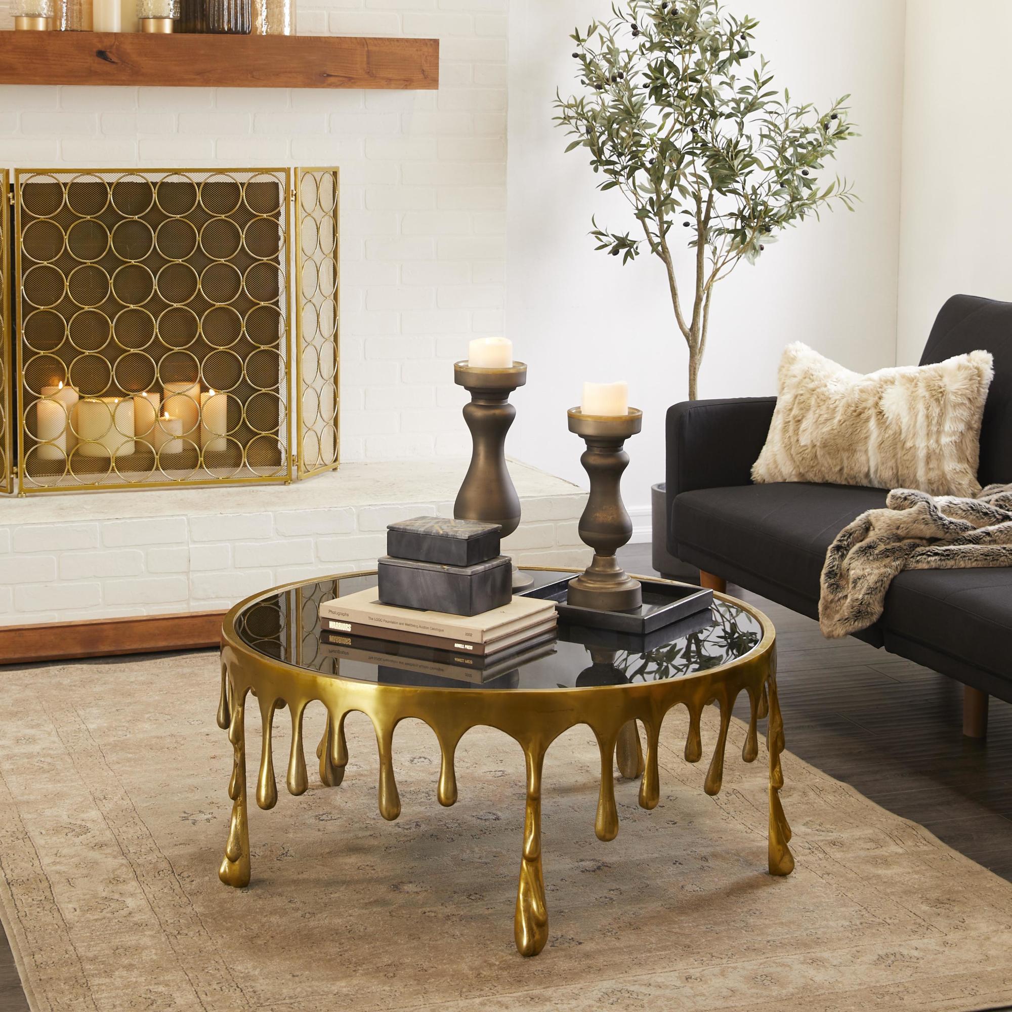 Abstract Aluminum Metal Drip Living Room Coffee Table with Melting Designed Legs and Shaded Glass Top