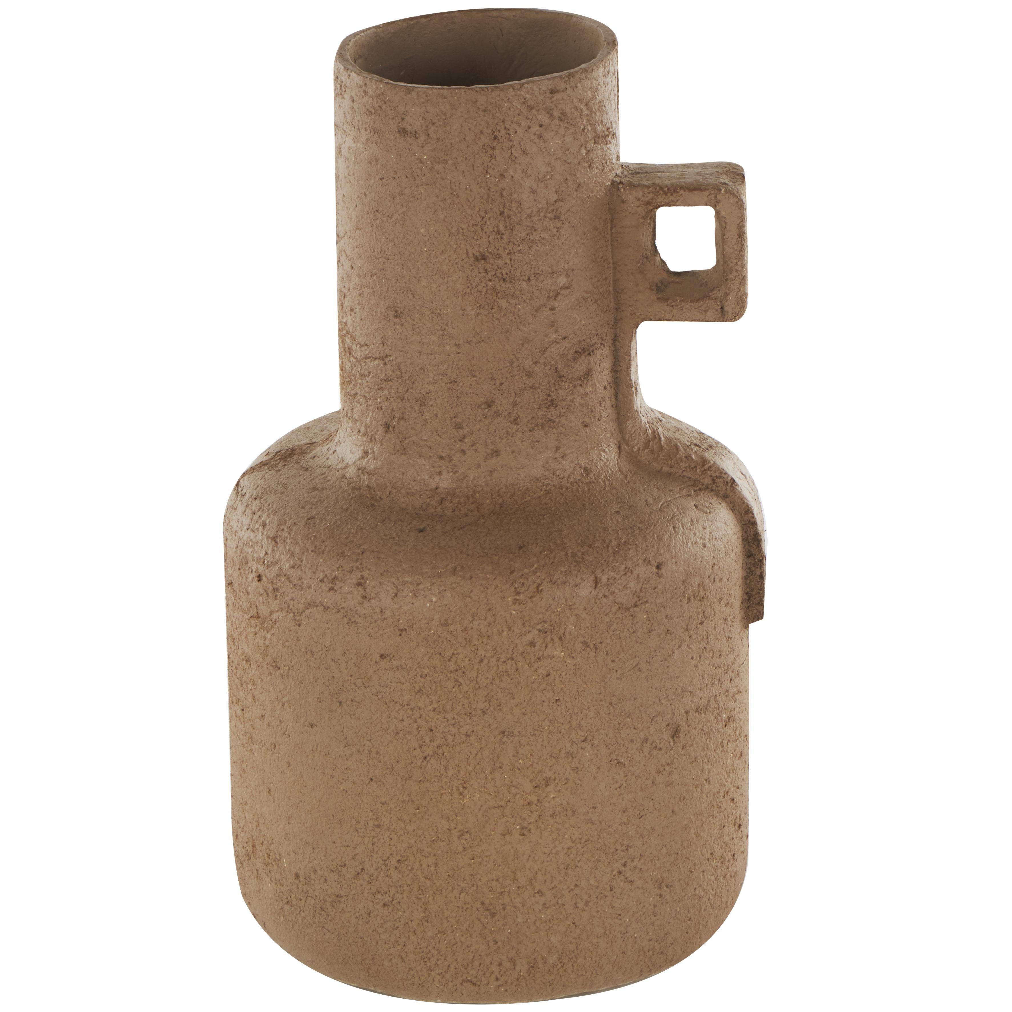 Abstract Brown Paper Mache Distressed Textured Decorative Vase with Triangular Handle