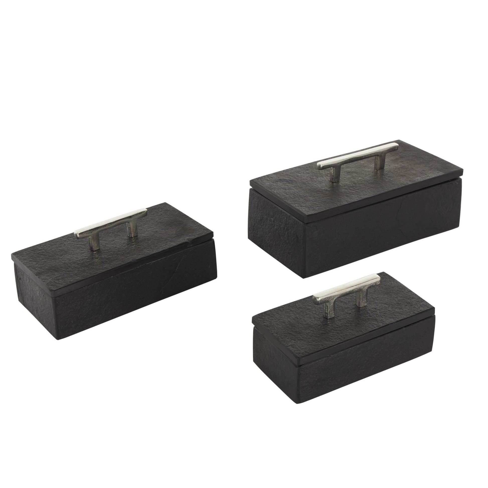 Set of 3 Marble Decorative Box with Aluminum Bar Handles Set of 3 12", 10", 8"W