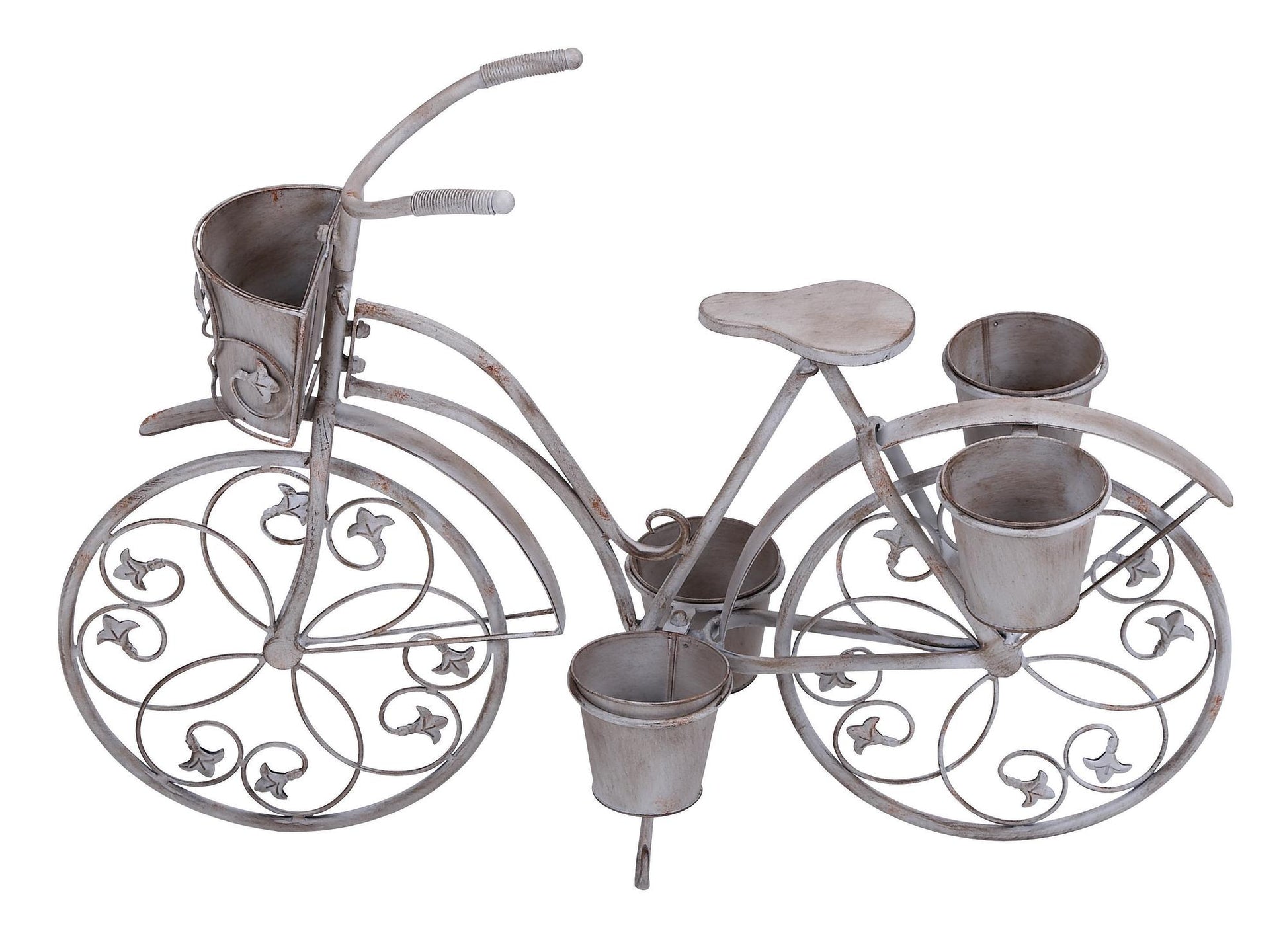 Bike Gray Metal Distressed Scroll 3 Tier Indoor Outdoor Plantstand with Fleur De Lis Wheels