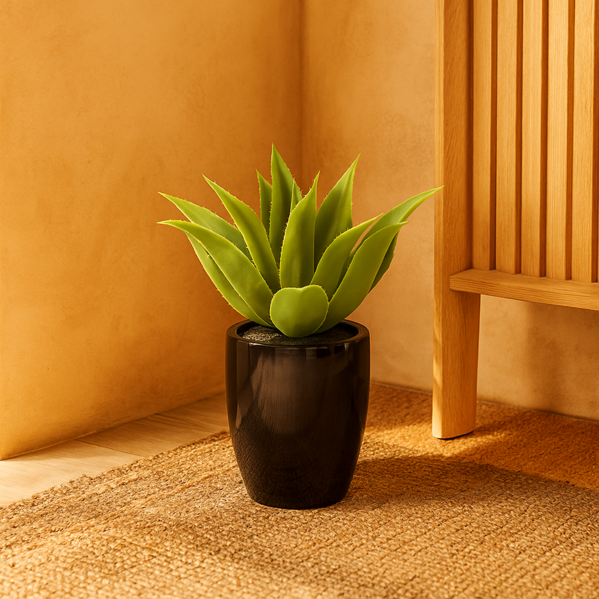 Agave Green Faux Foliage Indoor Outdoor Artificial Plant with Realistic Leaves and Black Fiberglass Pot
