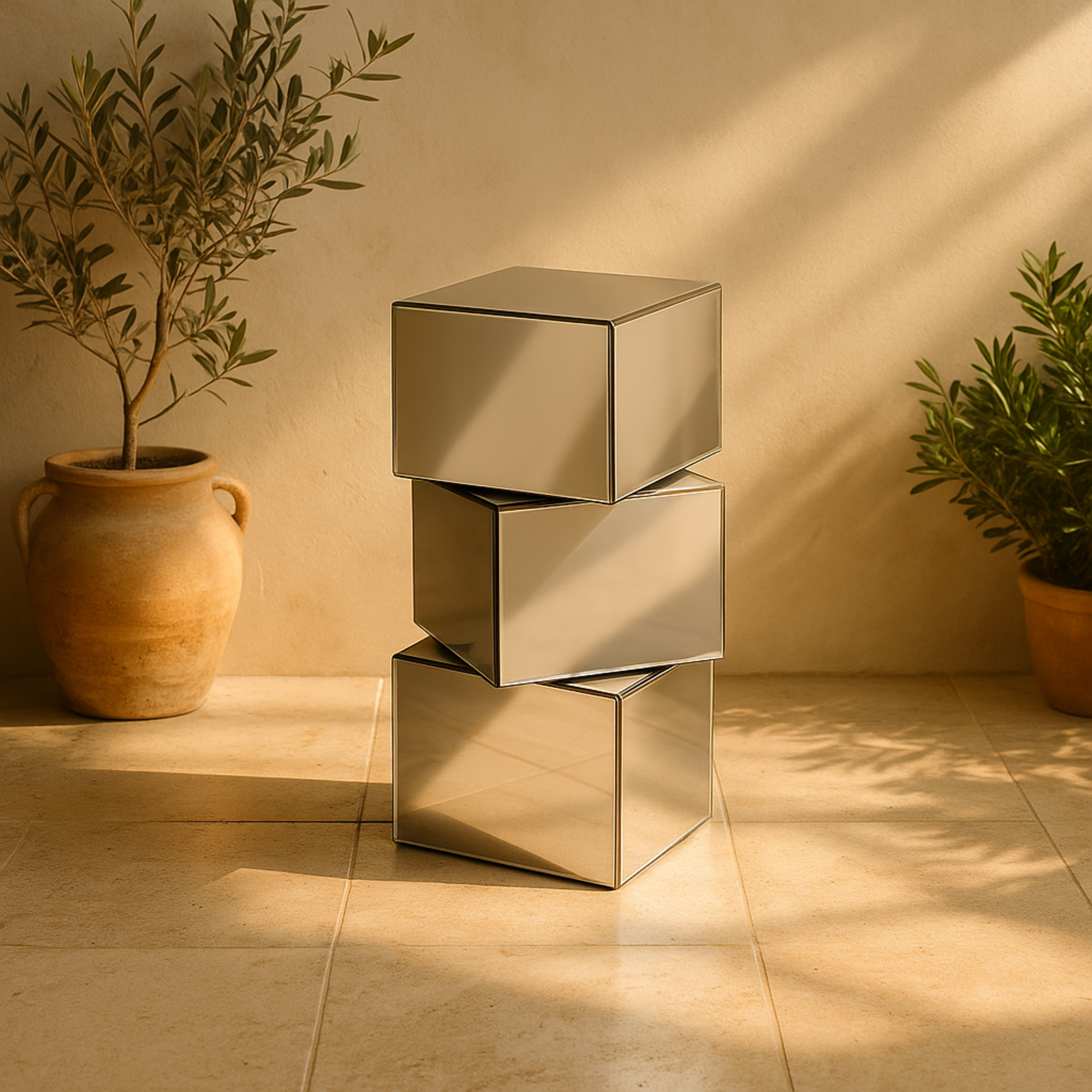 Silver Glass Mirrored Stacked Cube Side End Pedestal Table with Glass Front Panels