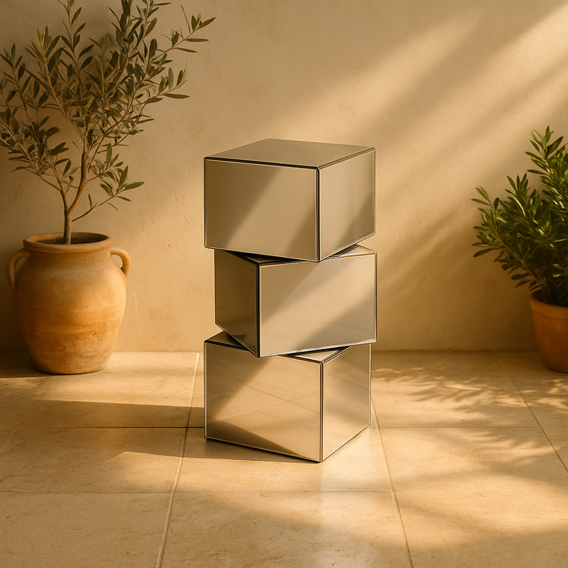 Silver Glass Mirrored Stacked Cube Side End Pedestal Table with Glass Front Panels