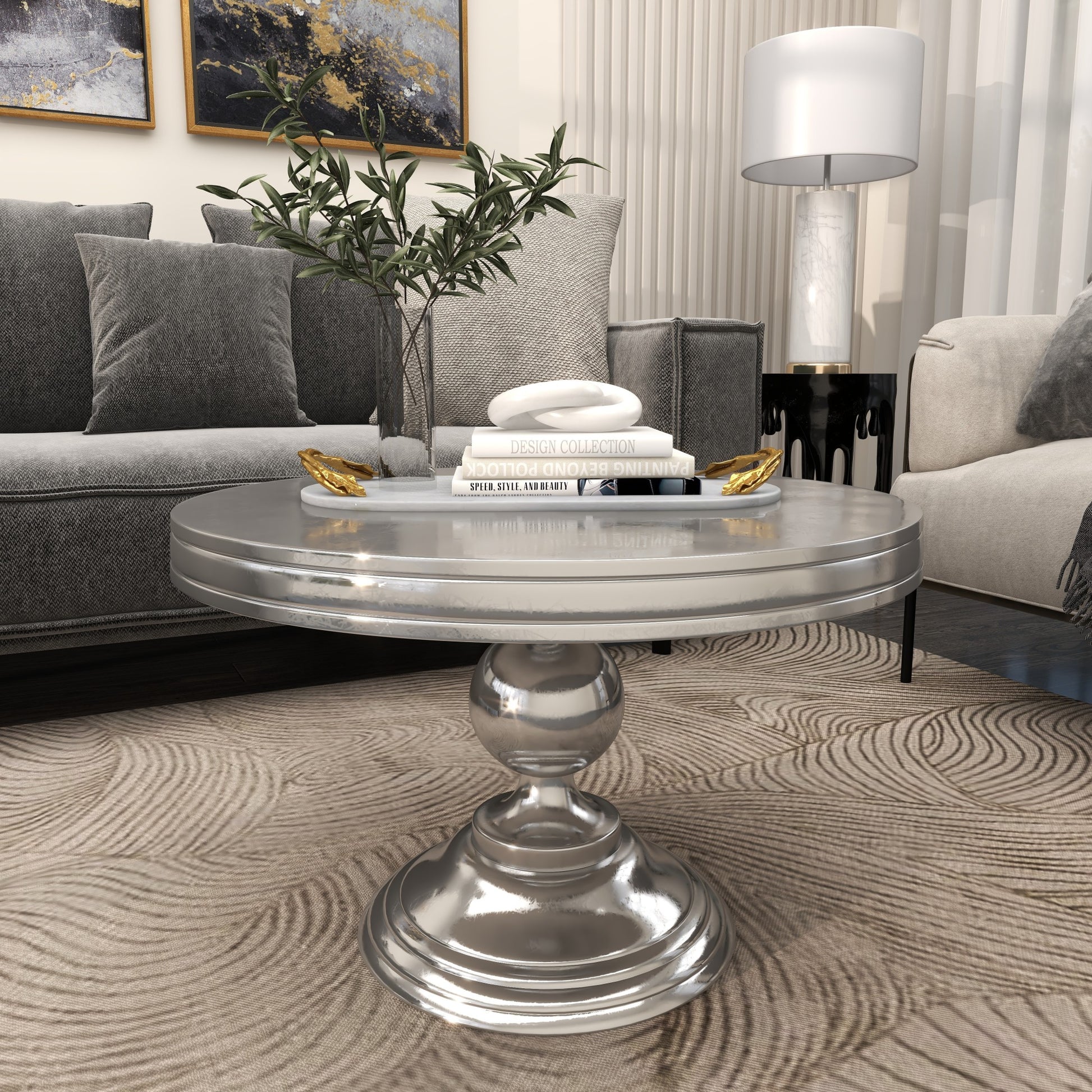 Aluminum Metal Sleek Ball Centered Base Living Room Coffee Table with Pedestal Base 30" x 30" x 19"