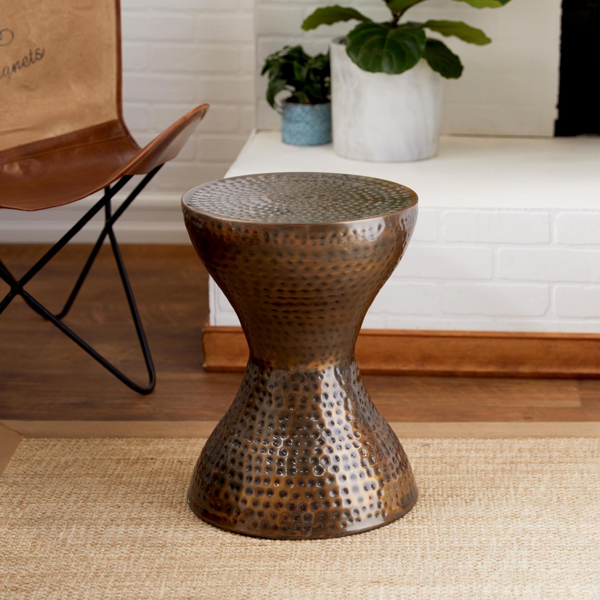 Metal Hammered Side End Accent Table with Hourglass Shape