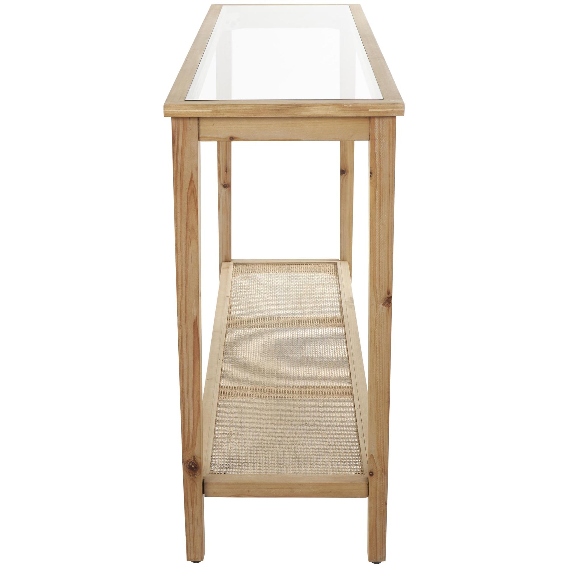 Brown Wood Slim Natural Living Room Console Table with Glass Top and Rattan Shelf