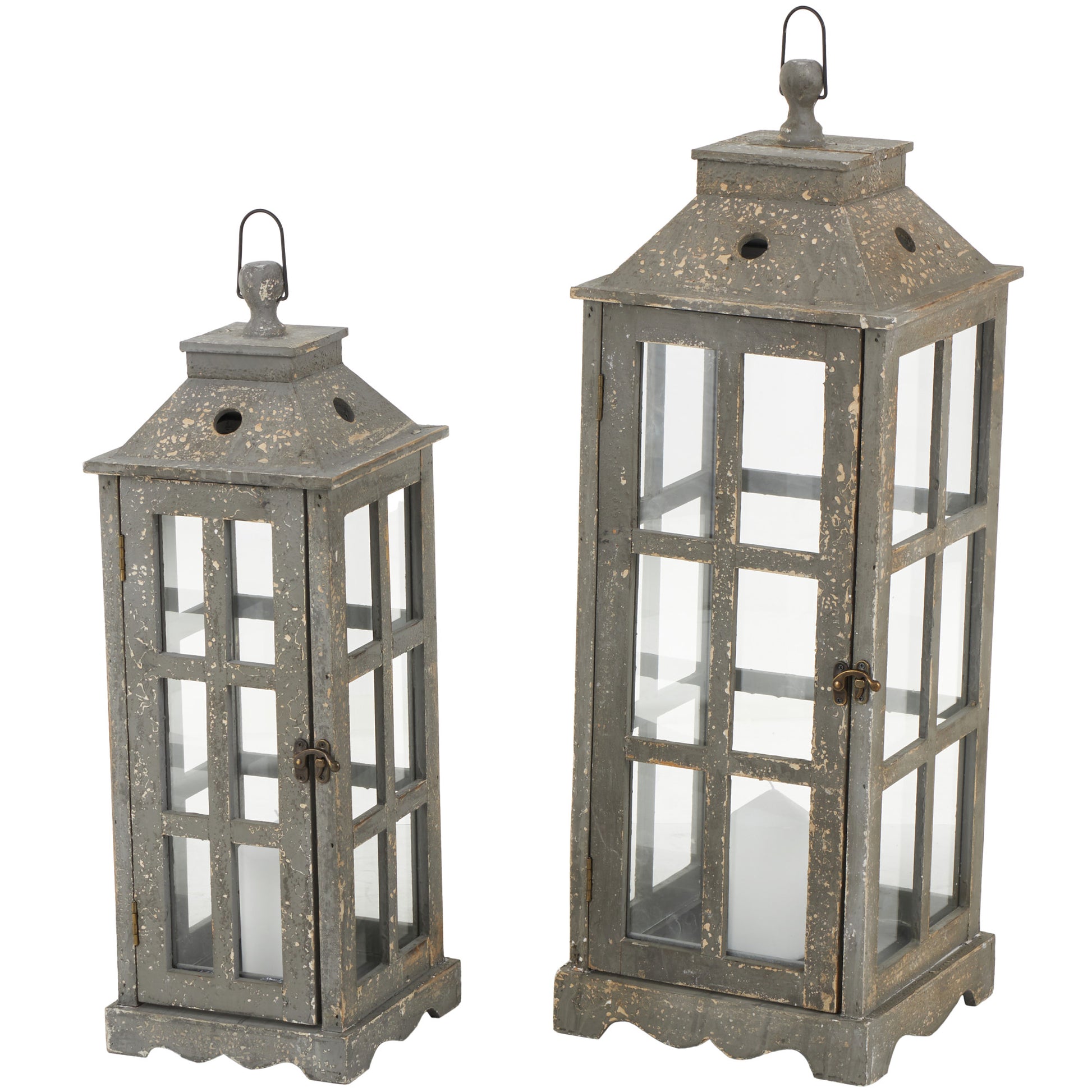 Set of 2 Light House Brown Wood Decorative Indoor Outdoor Candle Lantern