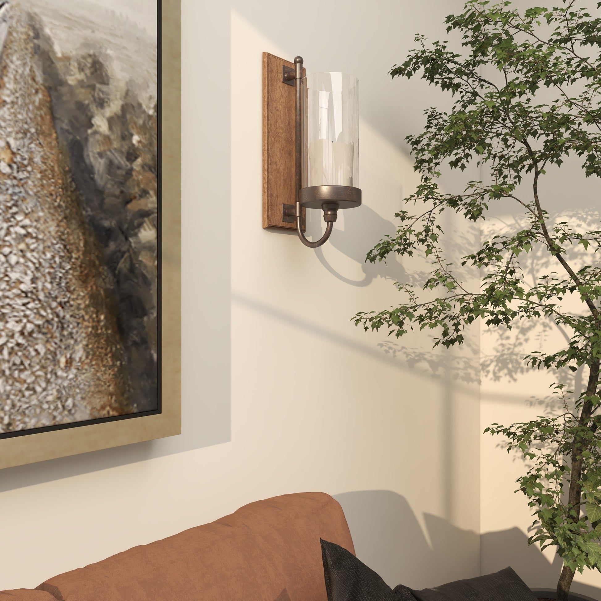 Abstract Brown Wood Indoor Outdoor Wall Sconce with Glass Holder