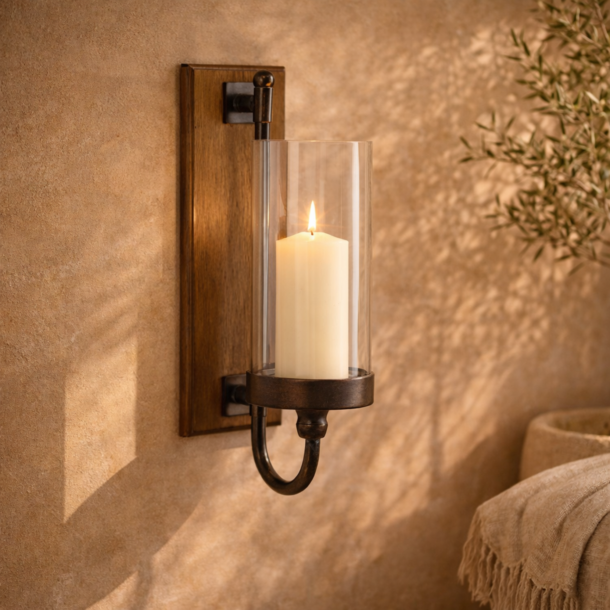 Abstract Brown Wood Indoor Outdoor Wall Sconce with Glass Holder