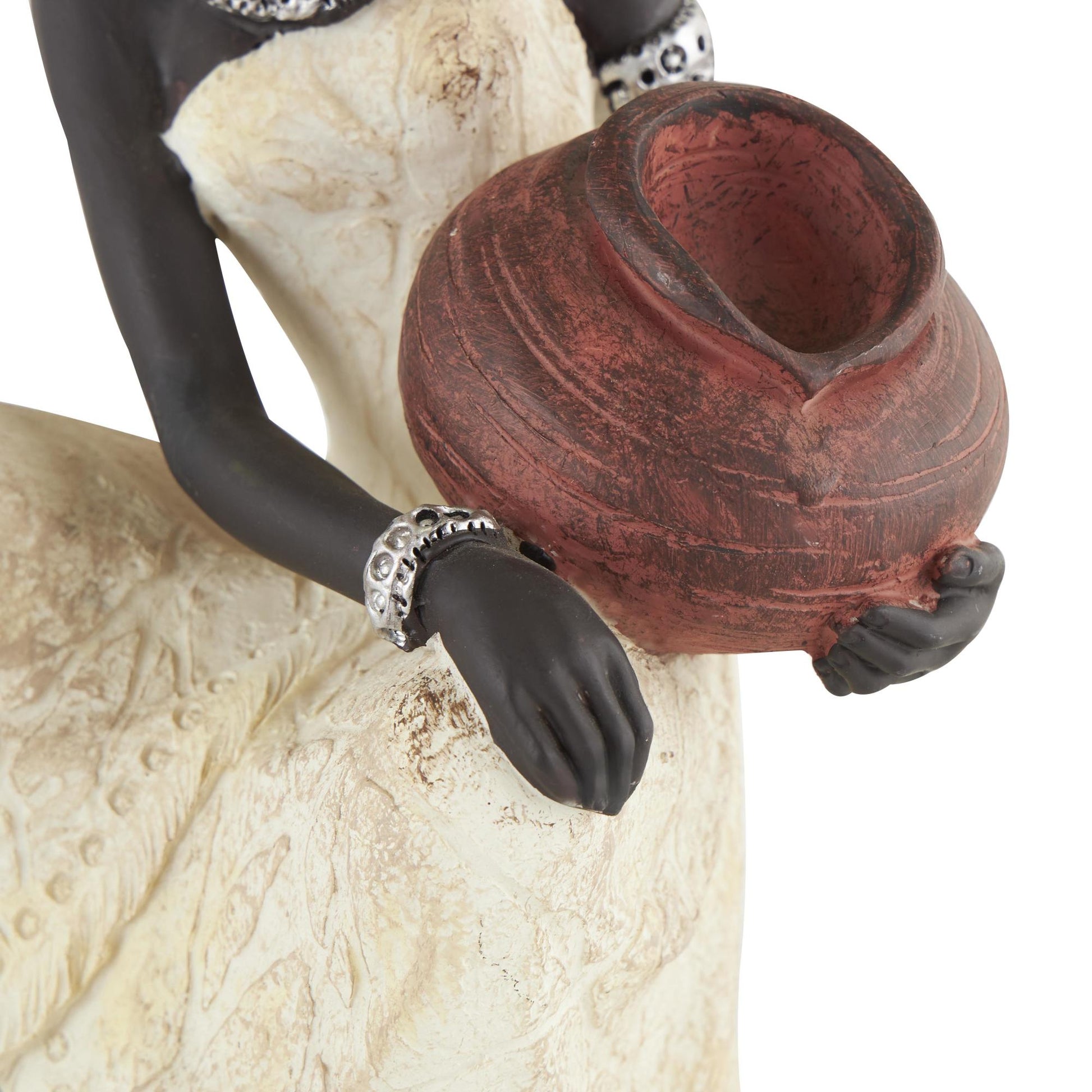 Woman Cream Polystone Sitting African Decorative Sculpture with Red Water Pot