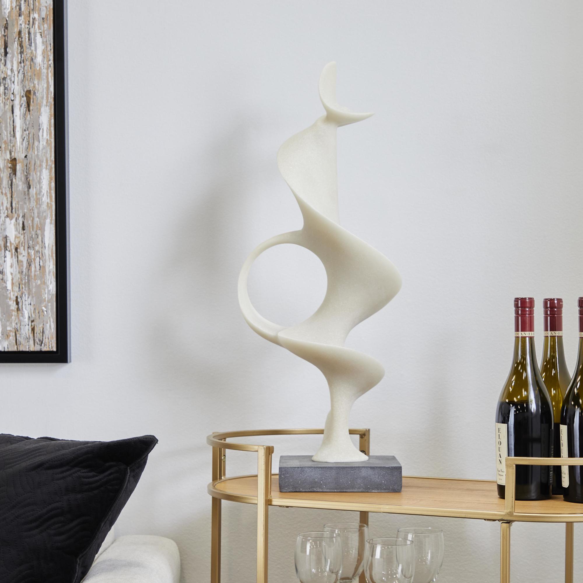 Abstract White Polystone Decorative Sculpture with Black Base