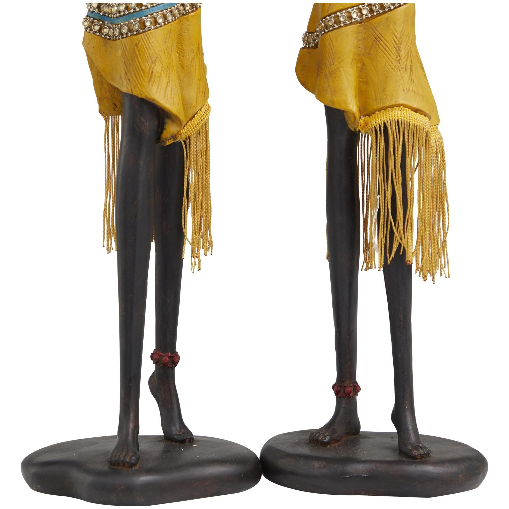 Set of 2 Woman Yellow Polyresin Handmade African Decorative Sculpture with Water Jugs and Jeweled Details