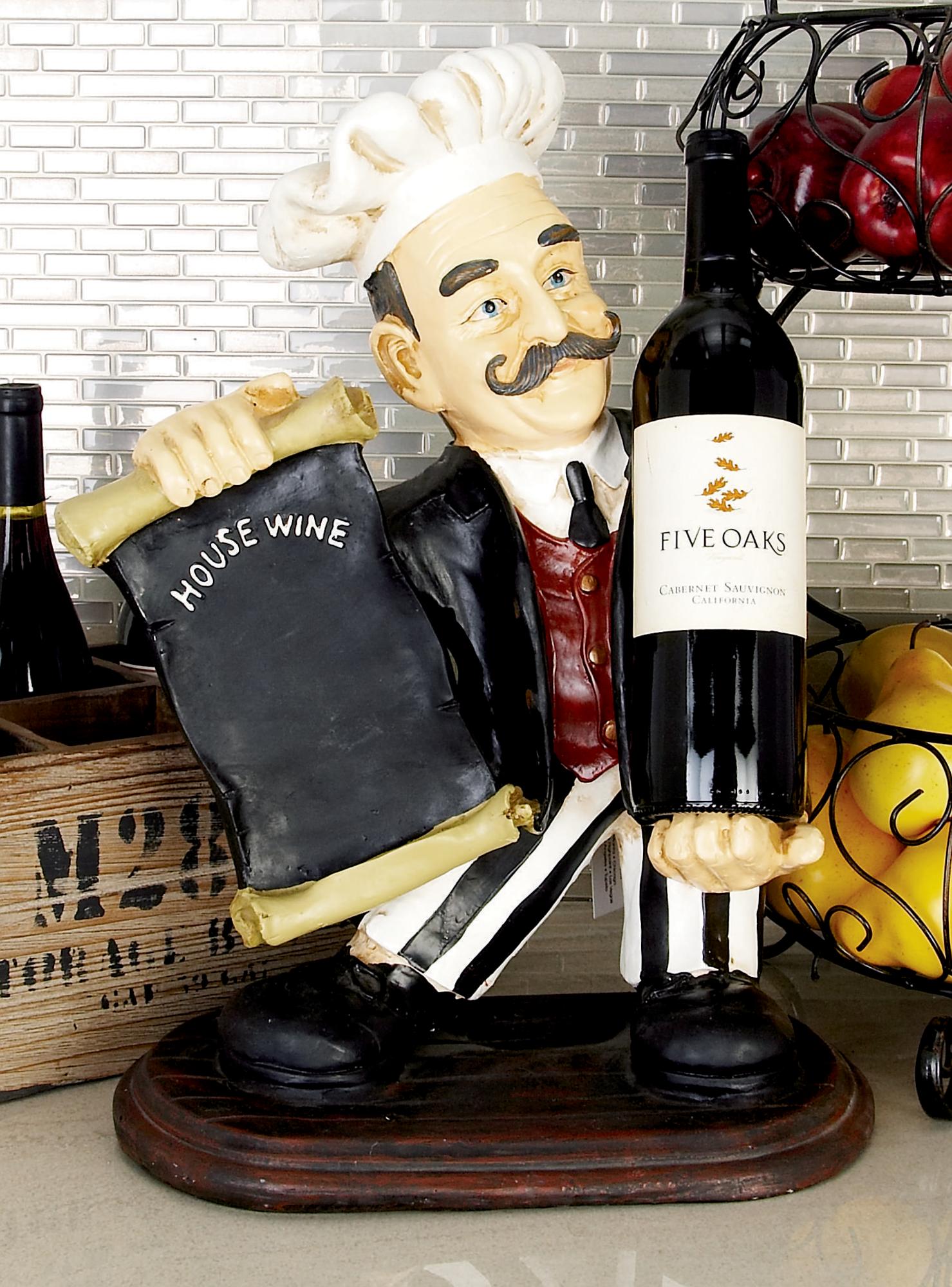 Chef Black Polystone Decorative Sculpture with Chalkboard and Wine Holder Slot
