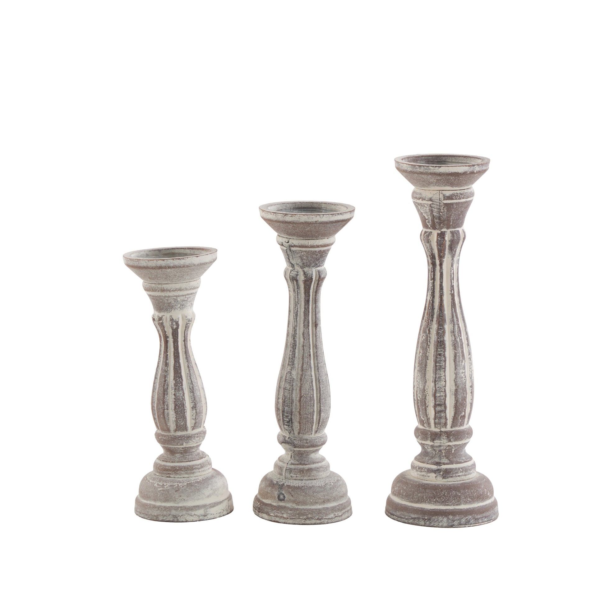 Set of 3 Wooden Distressed Turned Pillar Decorative Candle Holder