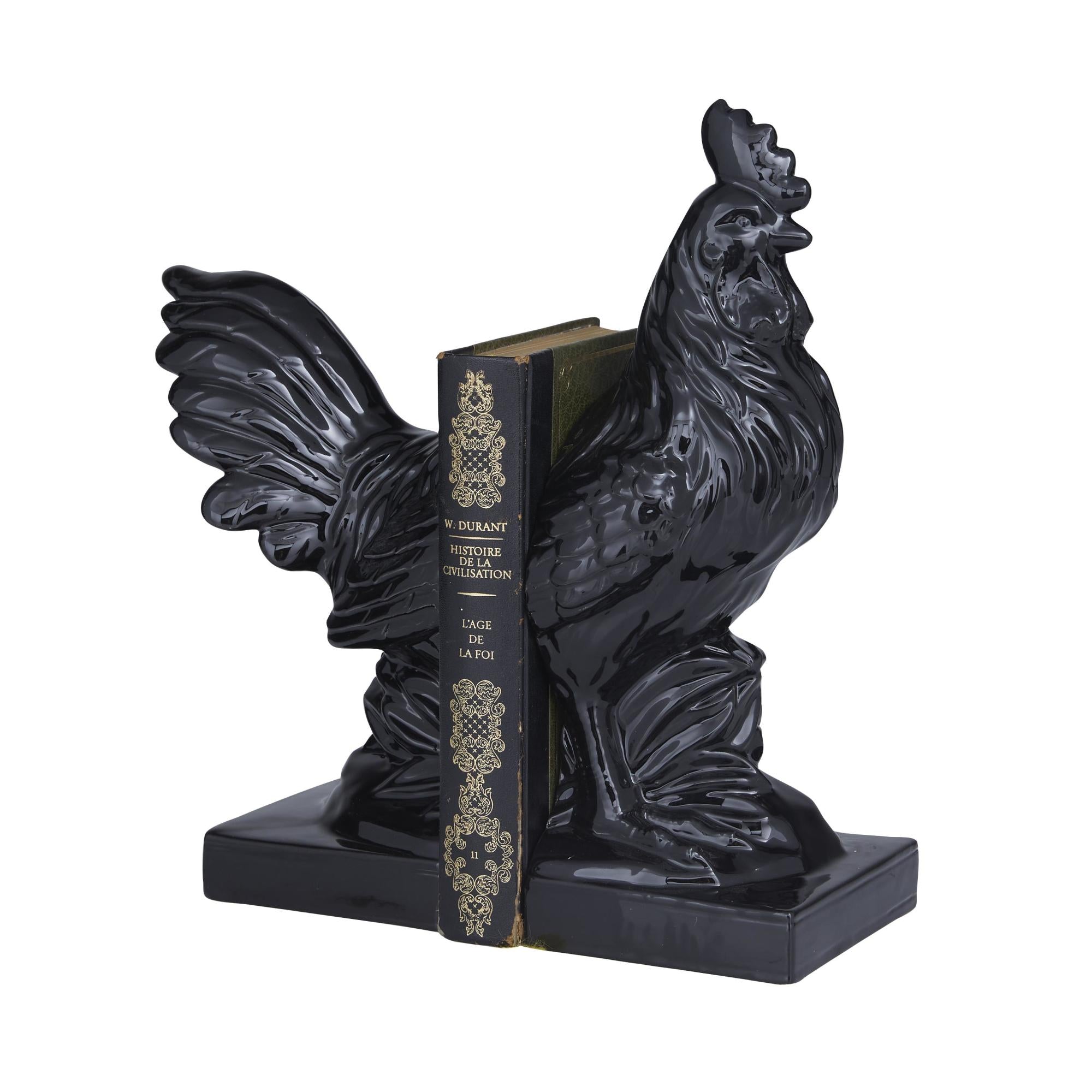 Set of 2 Rooster Black Ceramic Decorative Bookends with Enamel Exterior