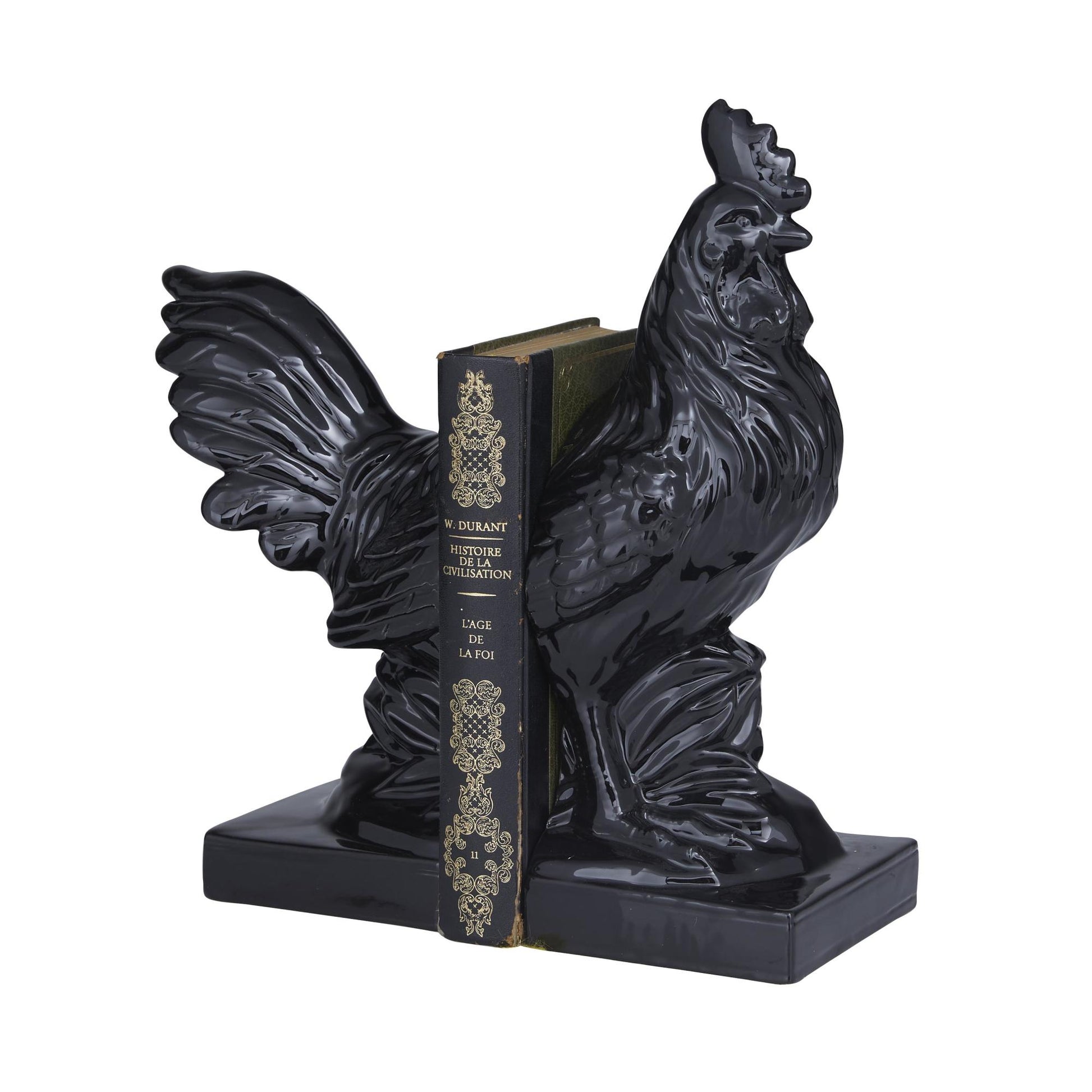 Set of 2 Rooster Black Ceramic Decorative Bookends with Enamel Exterior
