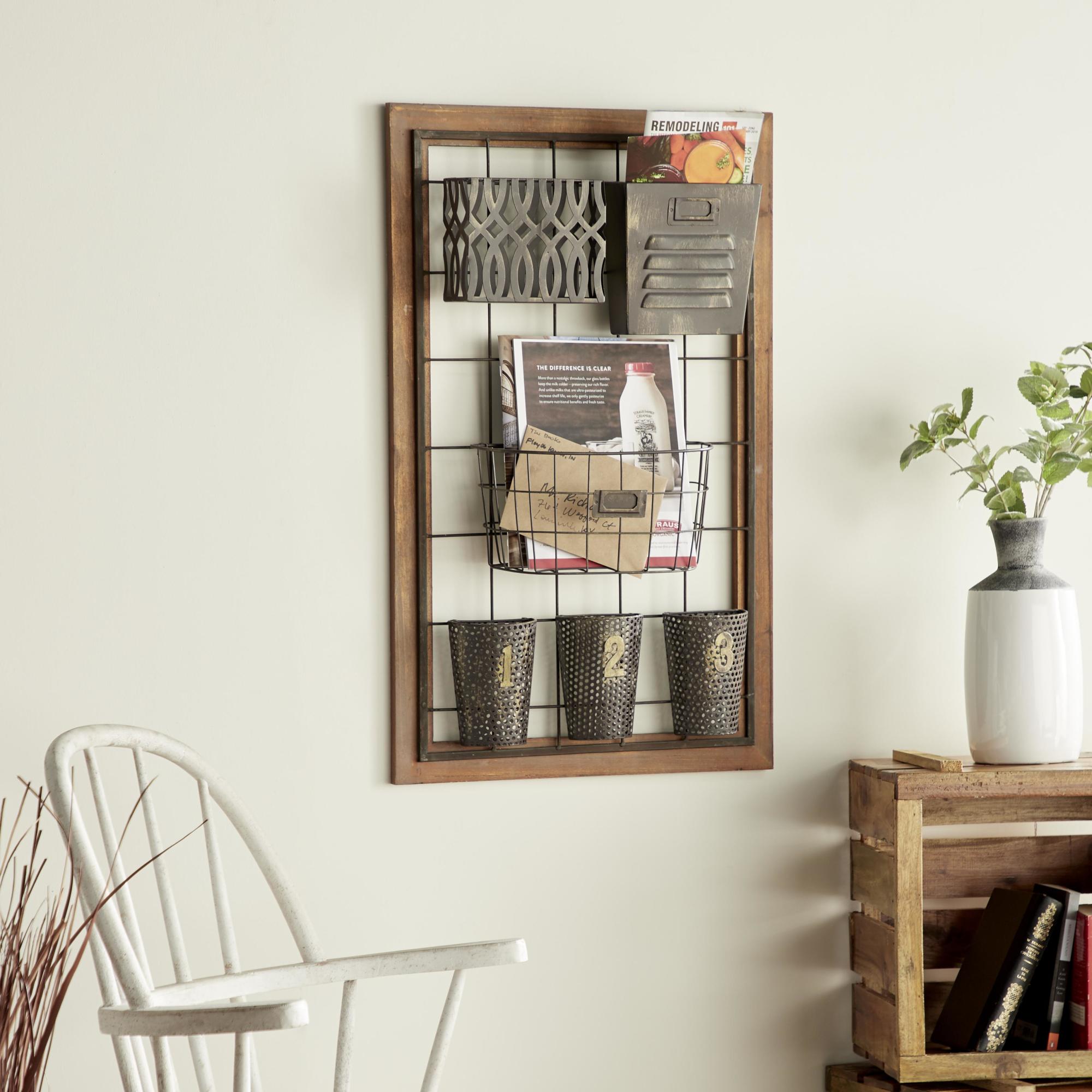 Brown Metal 1 Slot and 5 Baskets Decorative Magazine Rack Holder with Suspended Baskets and Label Slot