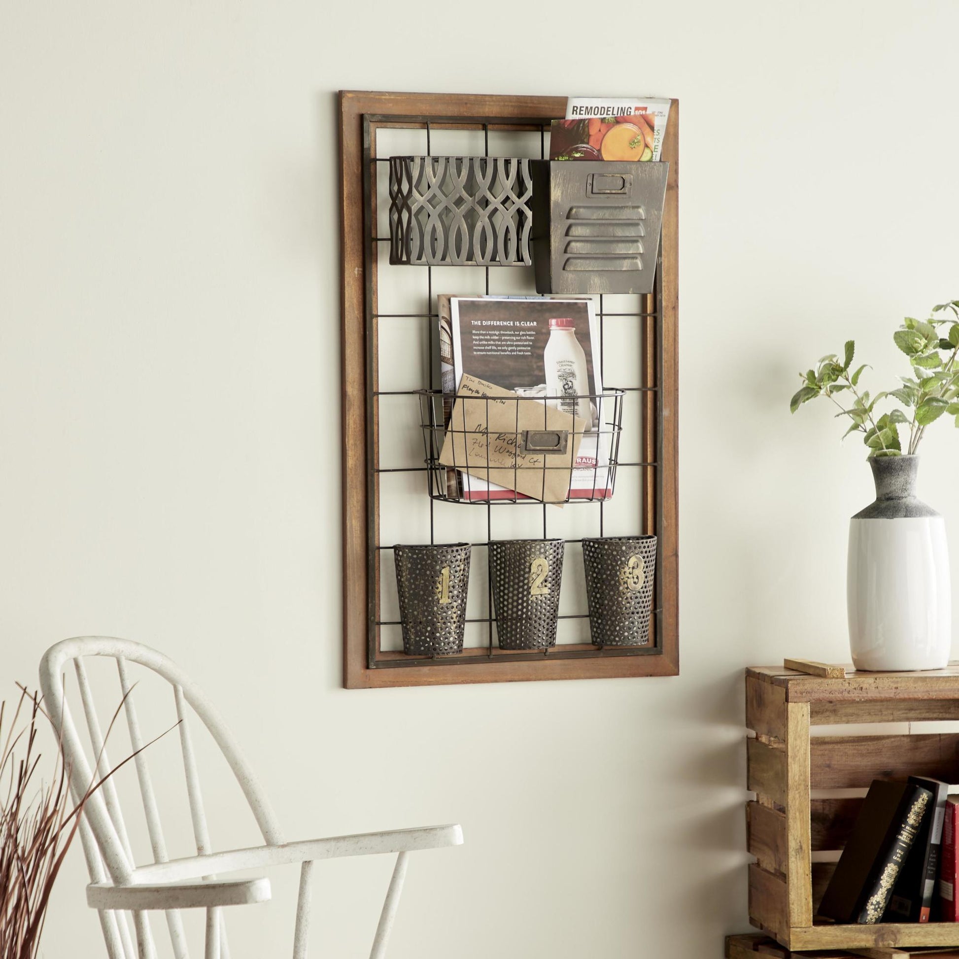 Brown Metal 1 Slot and 5 Baskets Decorative Magazine Rack Holder with Suspended Baskets and Label Slot