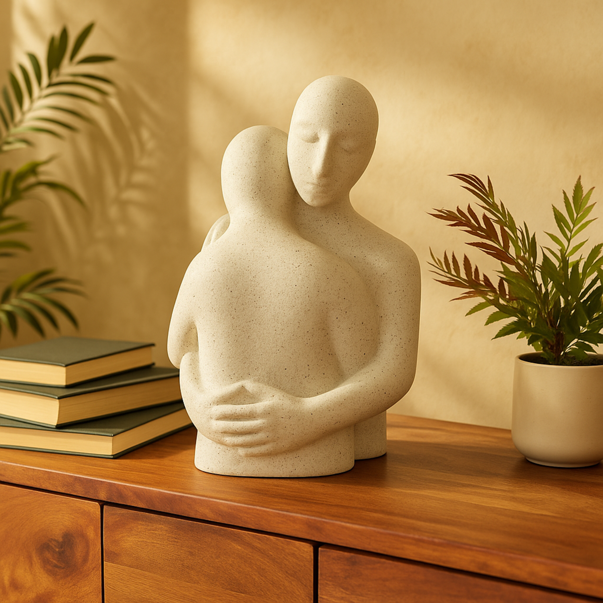 People White Polystone Hugging Decorative Sculpture with Black Speckles