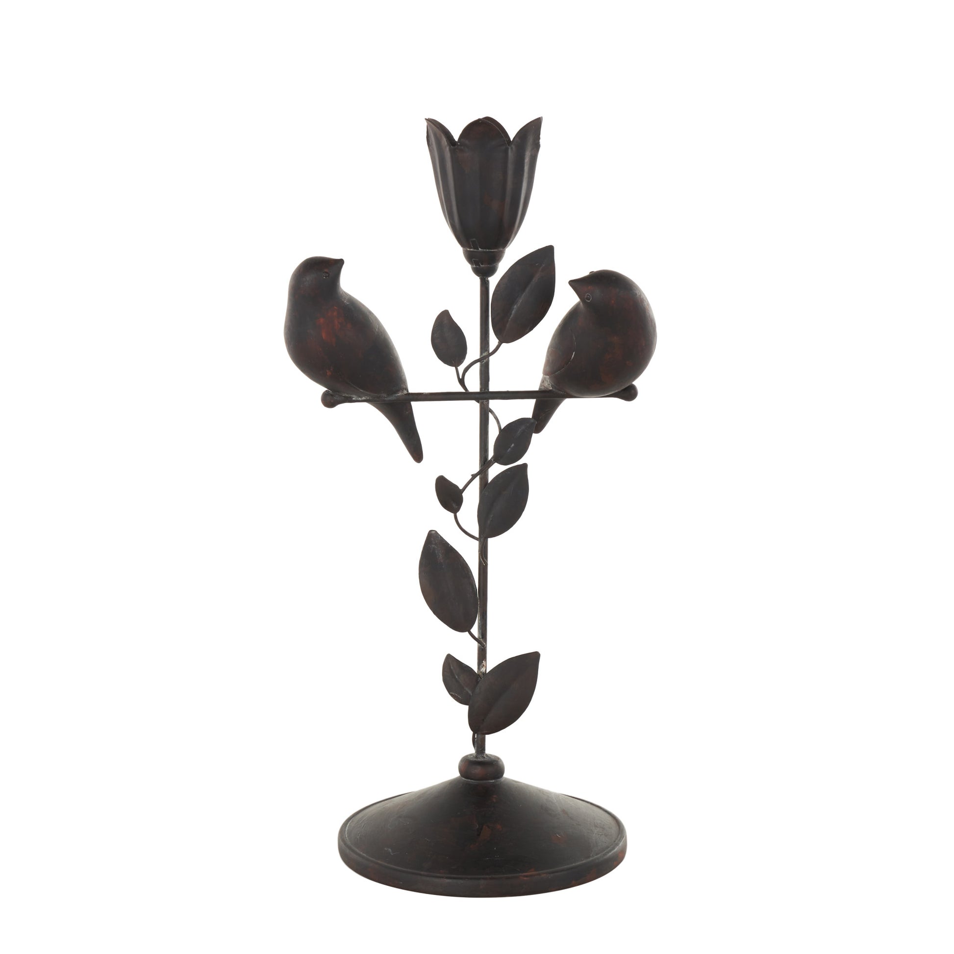 Bird Black Polystone Perching Decorative Sculpture with Leaf Vine and Copper Shading