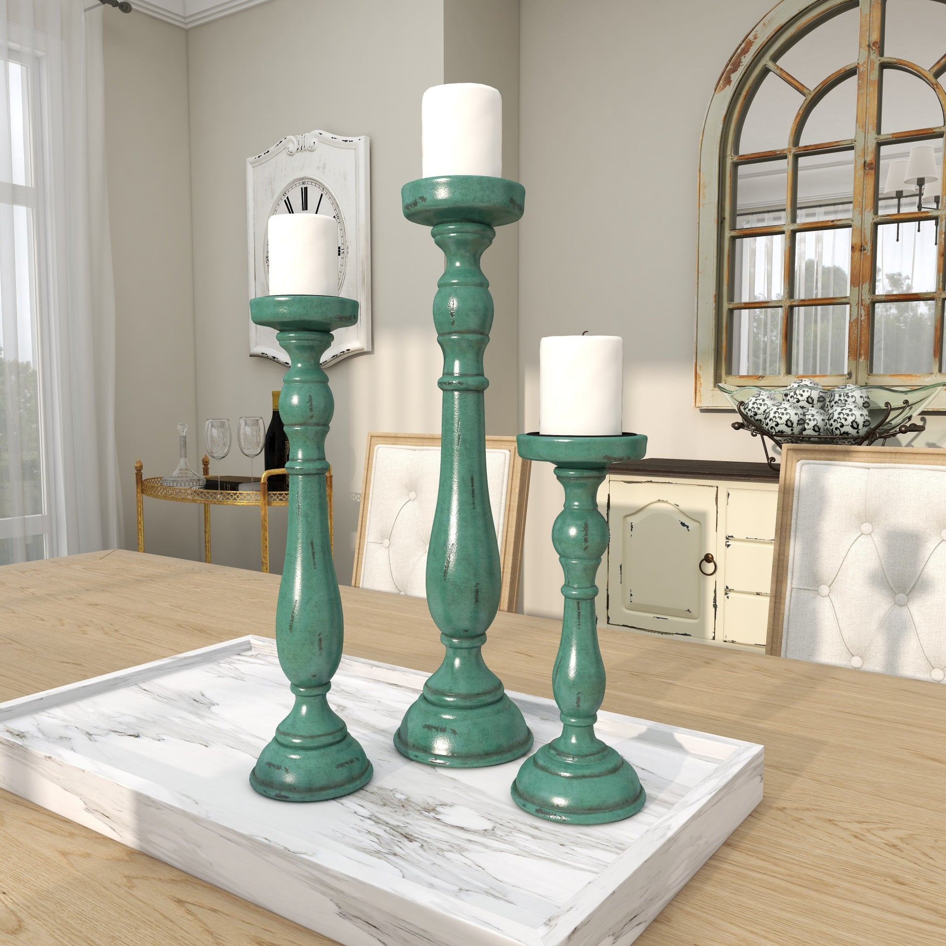 Set of 3 Teal Wooden Distressed Turned Decorative Candle Holder