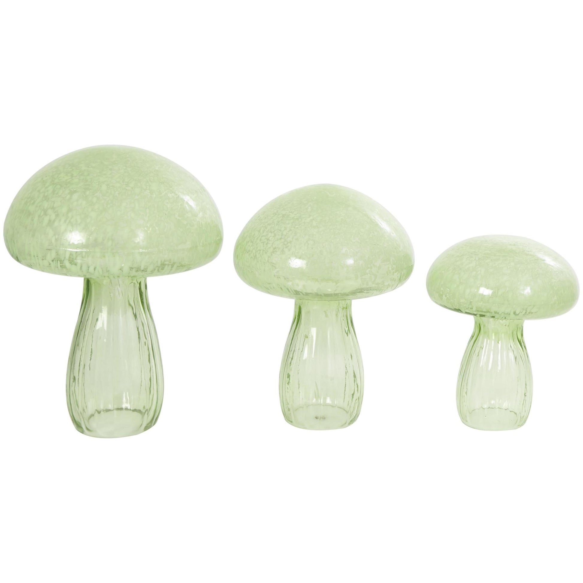 Set of 3 Mushroom Green Glass Textured Decorative Sculpture