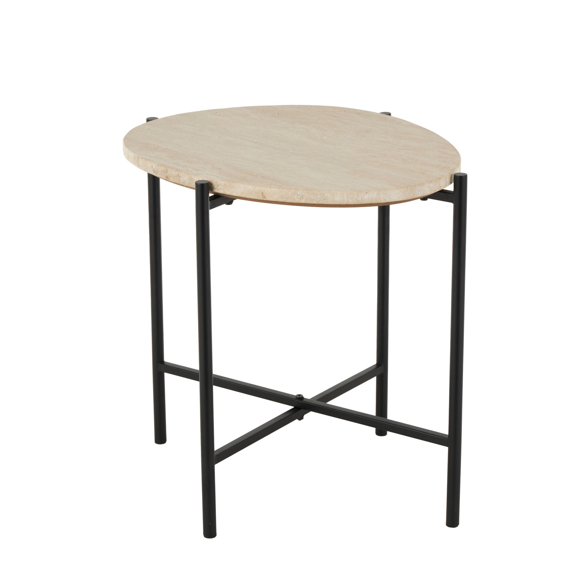 Beige Marble Round Side End Accent Table with Black Metal Support