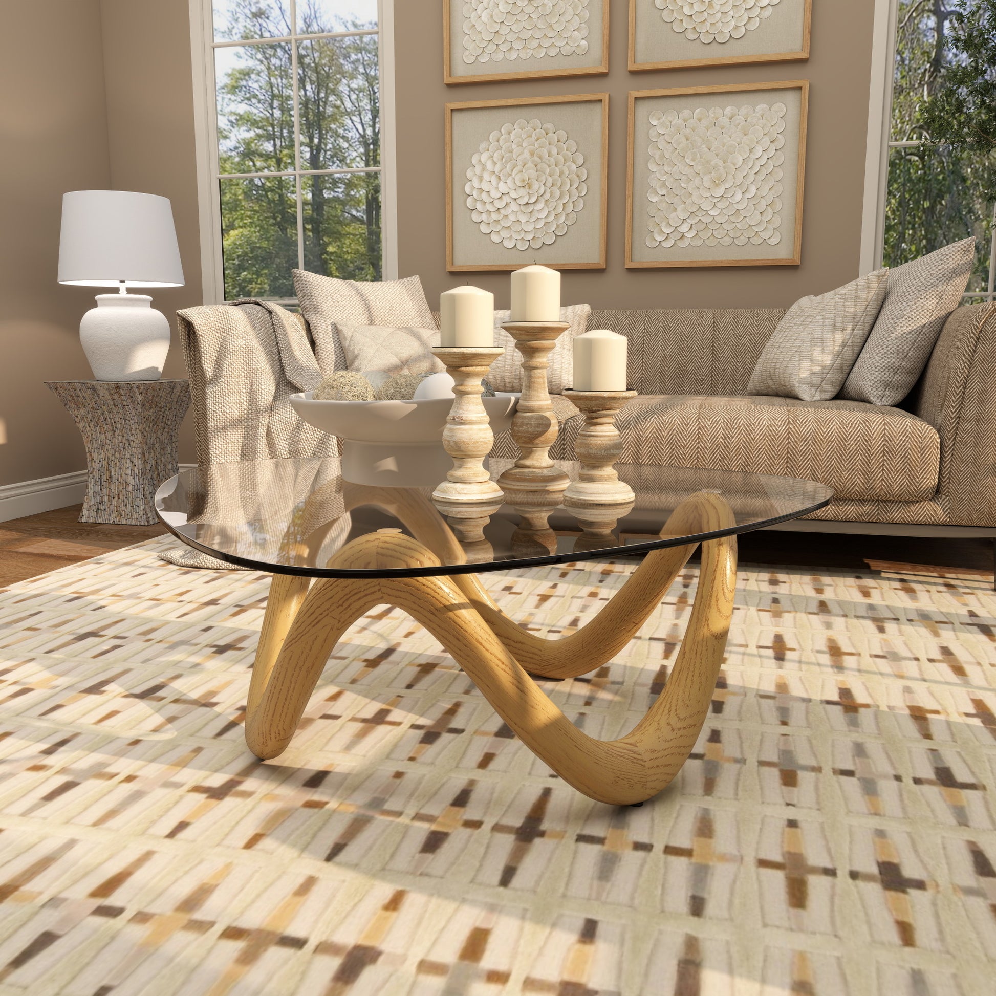 Abstract Polystone Wood Inspired Wavy Side End Accent Table with Glass Tabletop