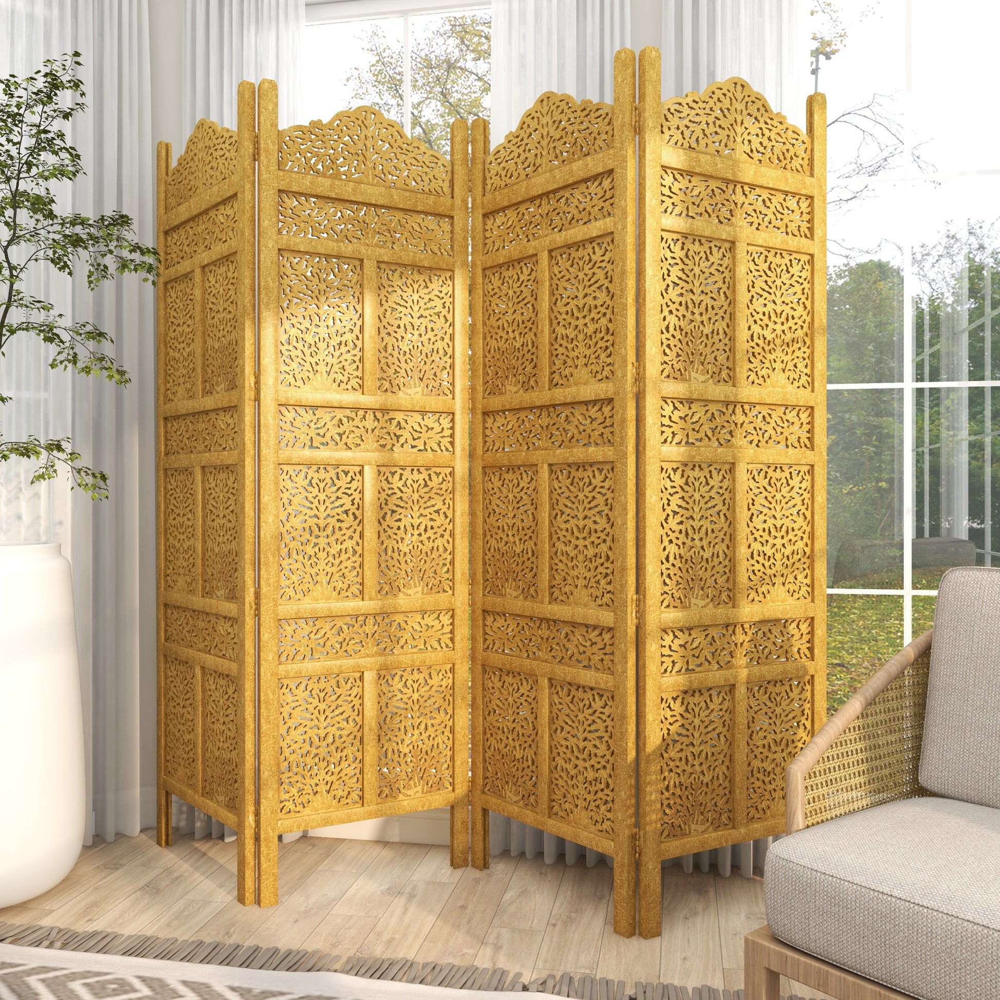 Floral Gold Wooden Handmade Foldable Partition 4 Panel Partition Room Divider Screen with Carved Designs