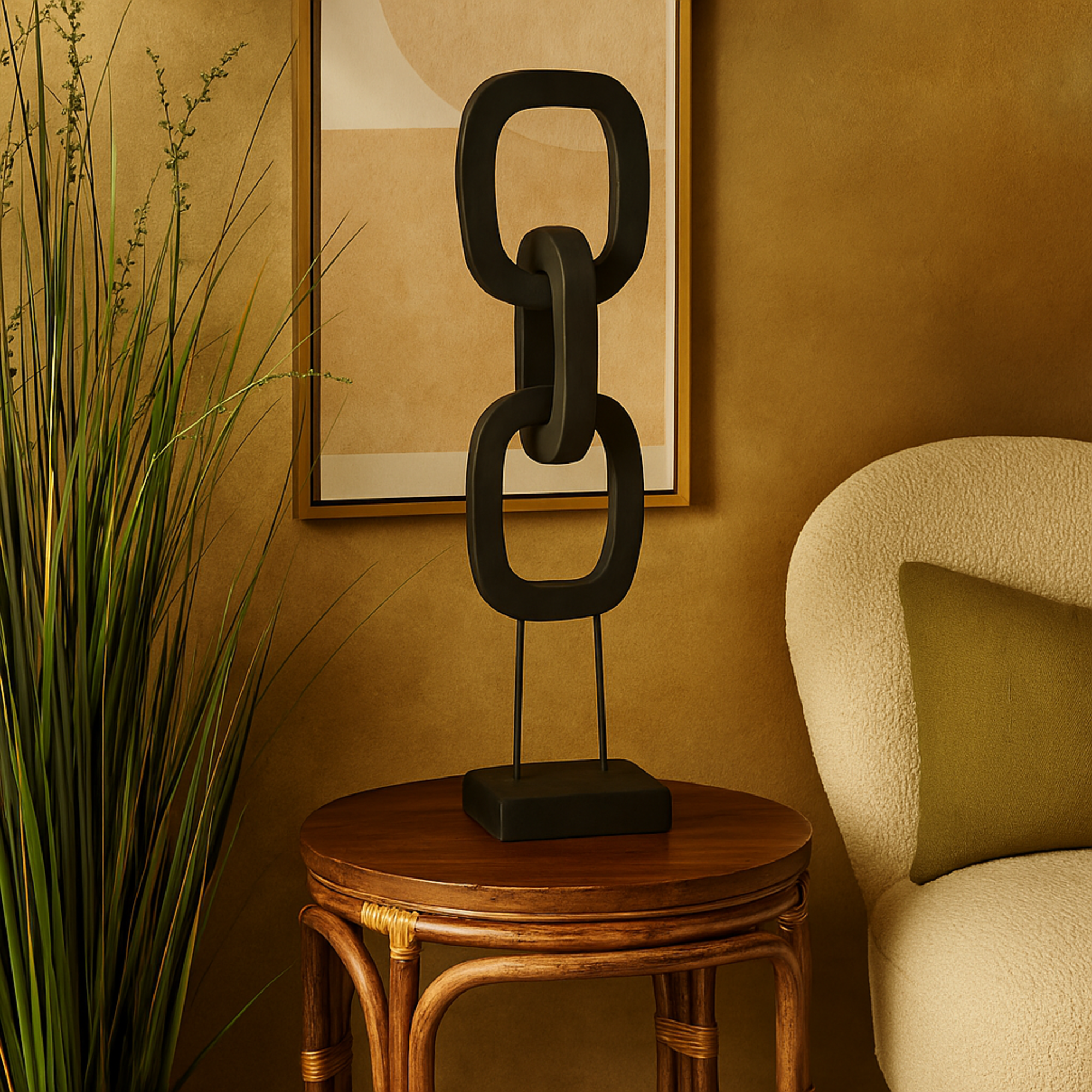 Chain Black Teak Wood Tall 3 Link Decorative Sculpture with Stand