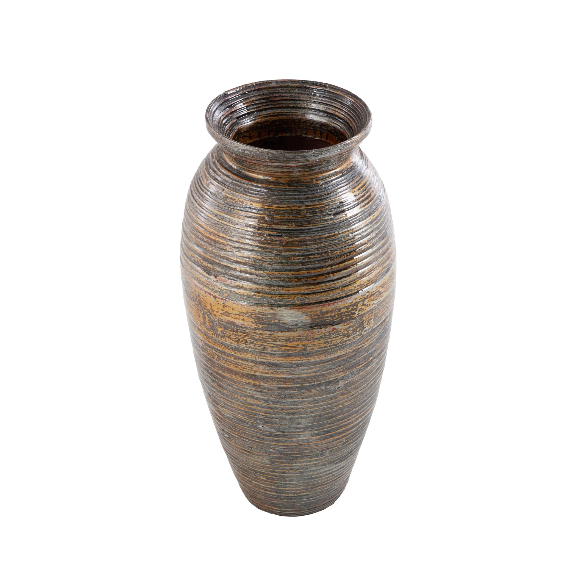 Brown Bamboo Wood Textured Decorative Vase with Lacquer