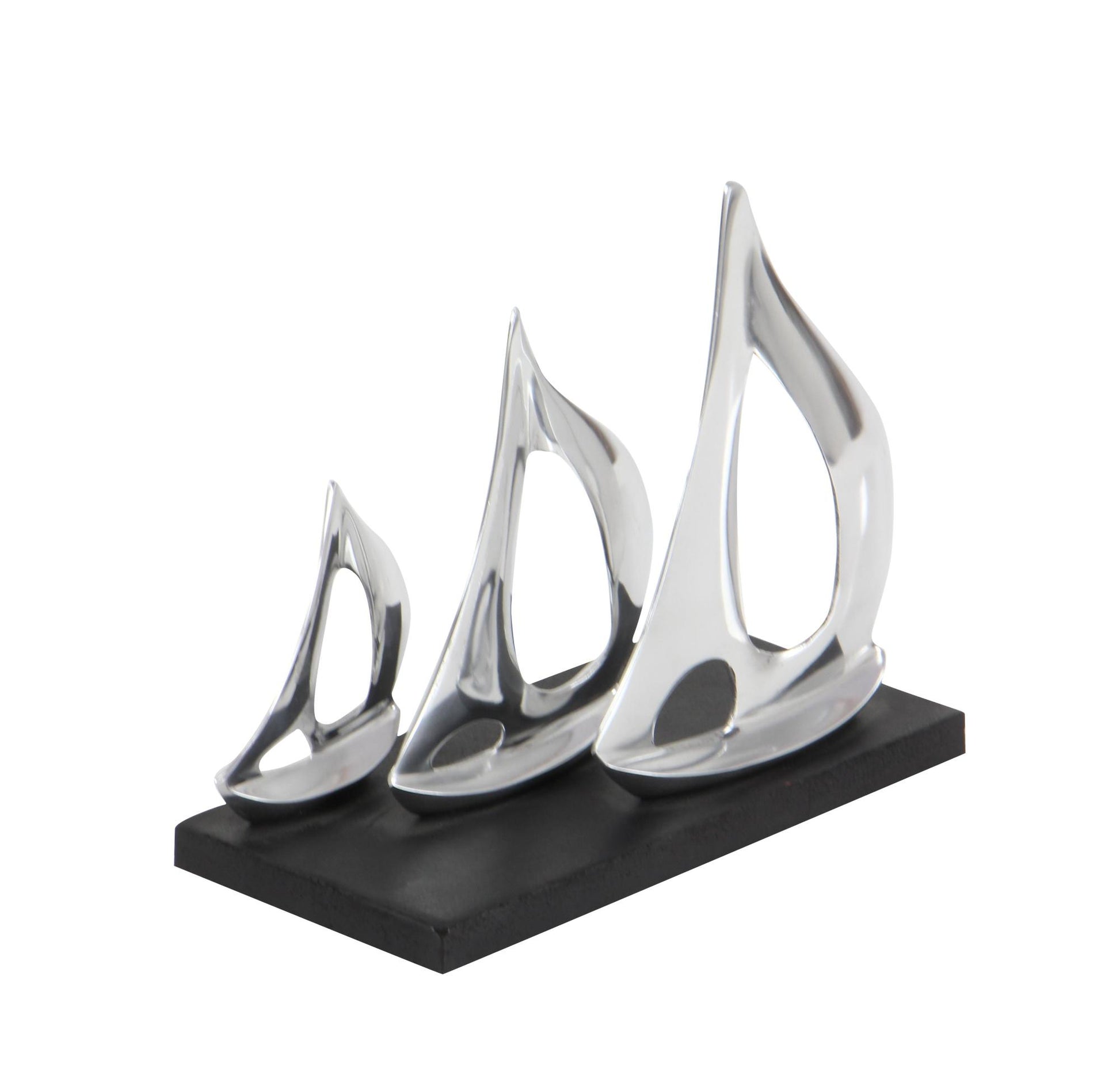 Sail Boat Silver Aluminum Metal Decorative Sculpture with Black Base
