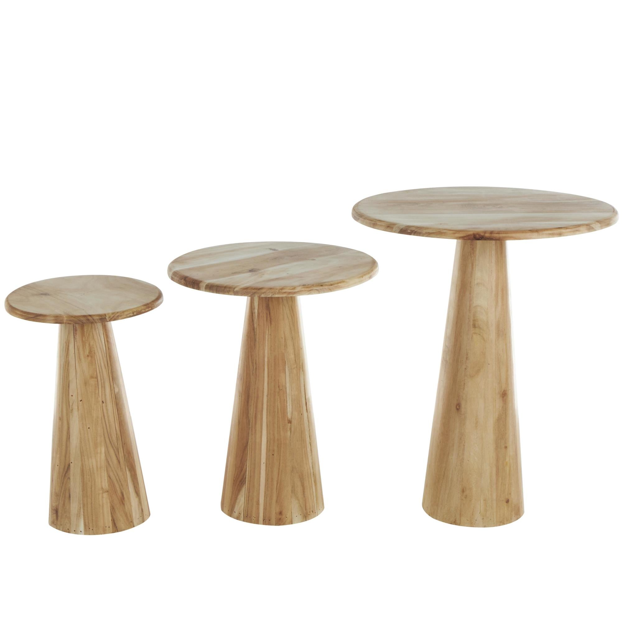 Set of 3 Wood Side End Accent Table with Natural Wood Grains and Cone Shaped Bases